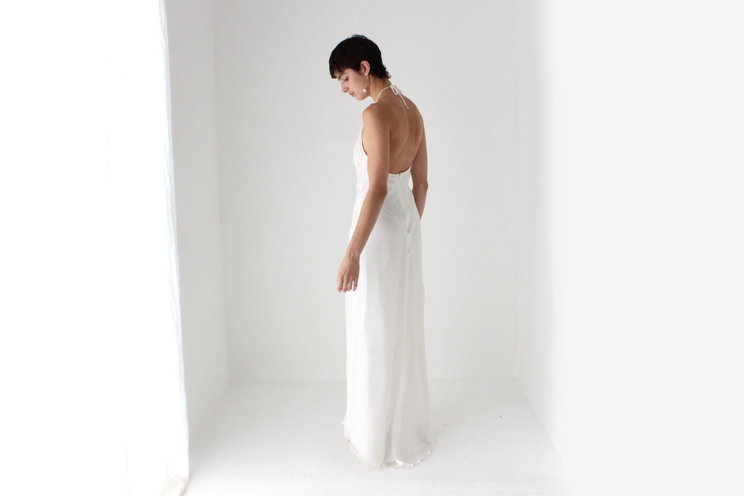 90s Lisa Ho Ivory Silk Georgette Halter Neck Bias Cut Wedding Dress