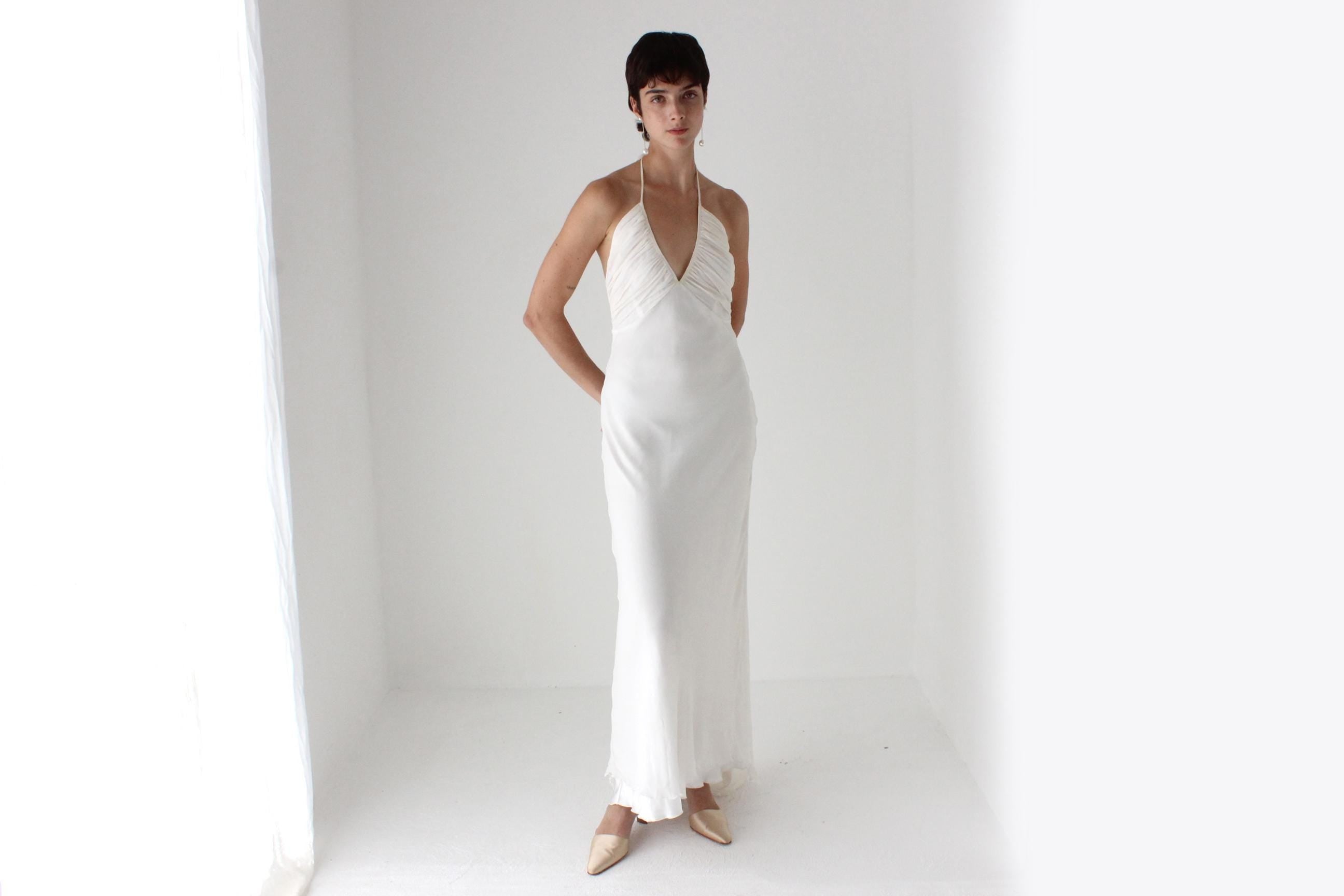 90s Lisa Ho Ivory Silk Georgette Halter Neck Bias Cut Wedding Dress