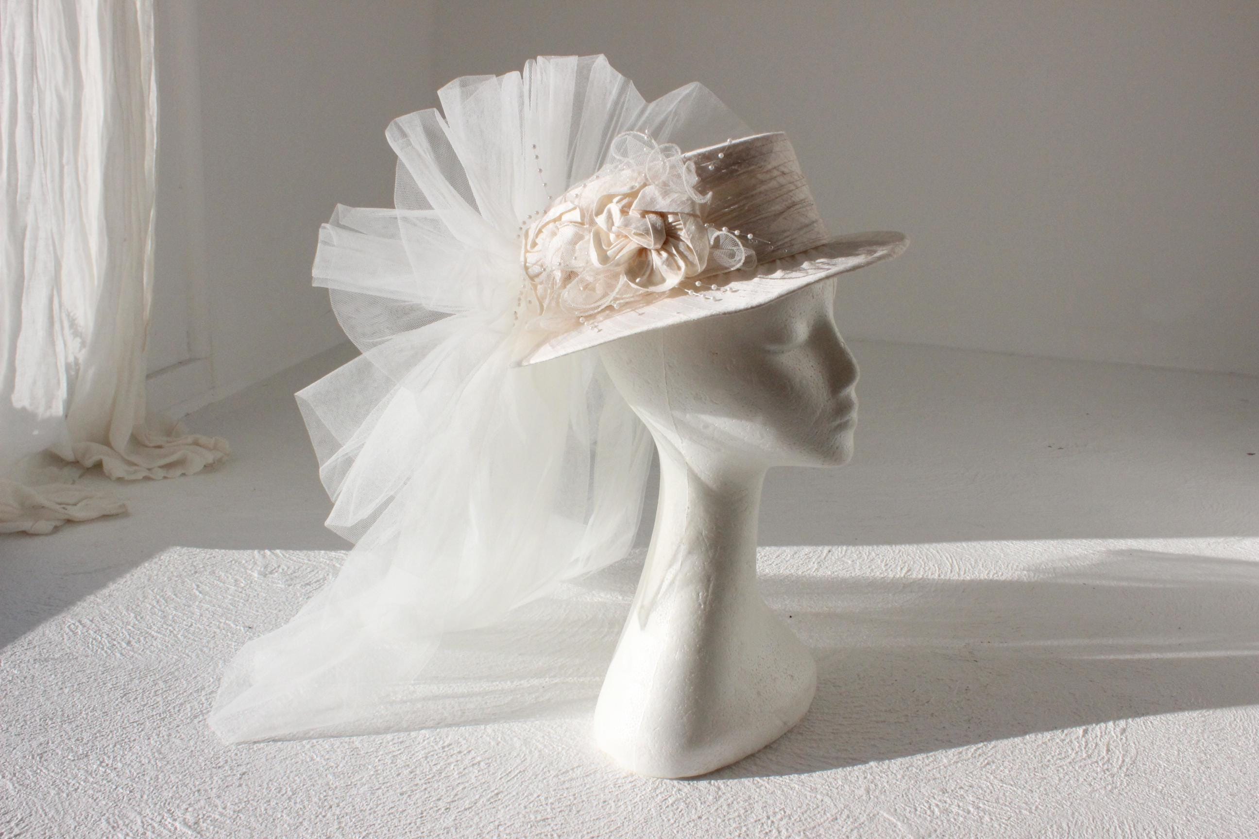 80s Silk Bridal Hat w/ Tulle Veil by Cupid's Millinery