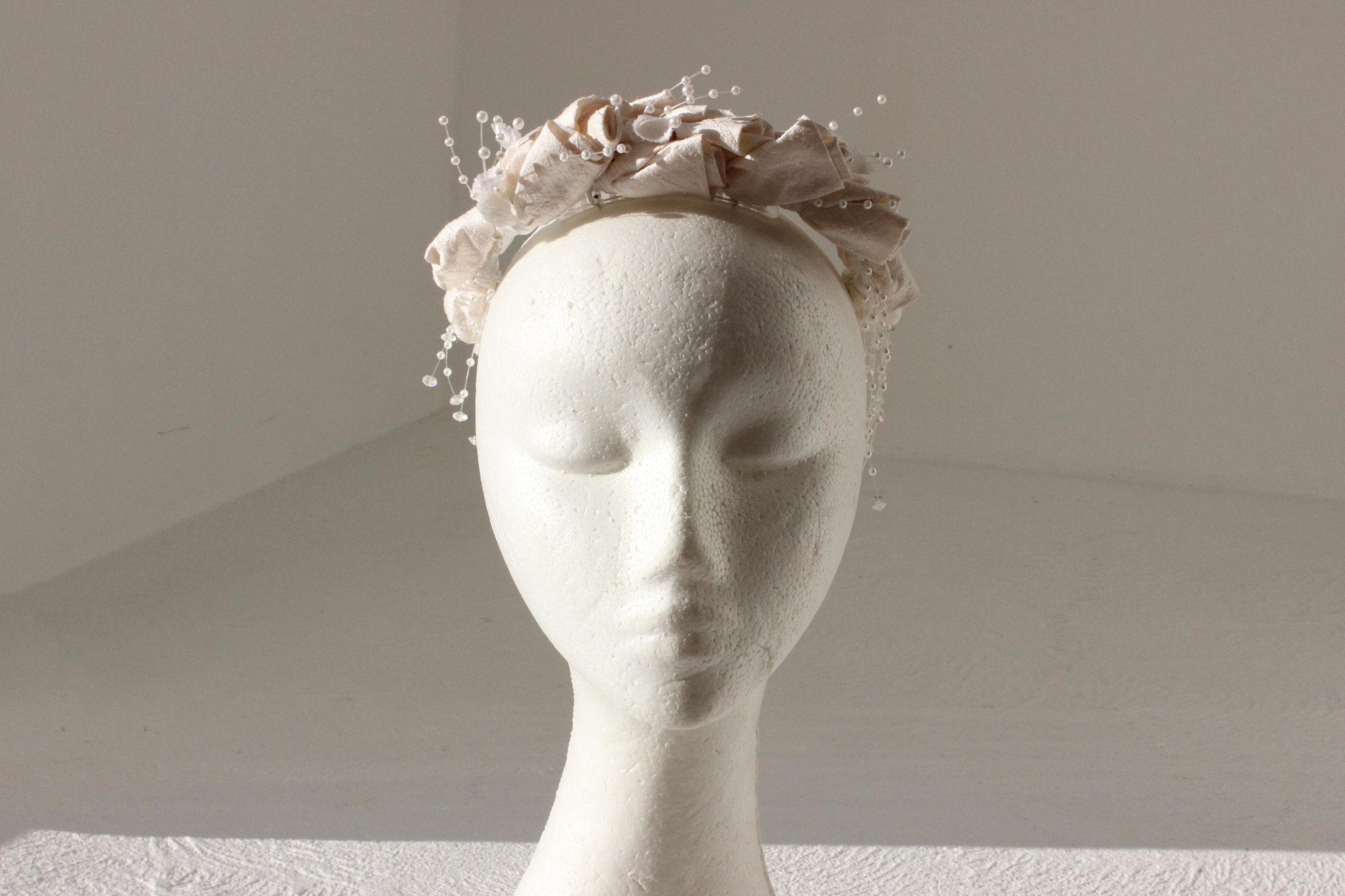 80s Raw Silk Rosette & Pearl Crown