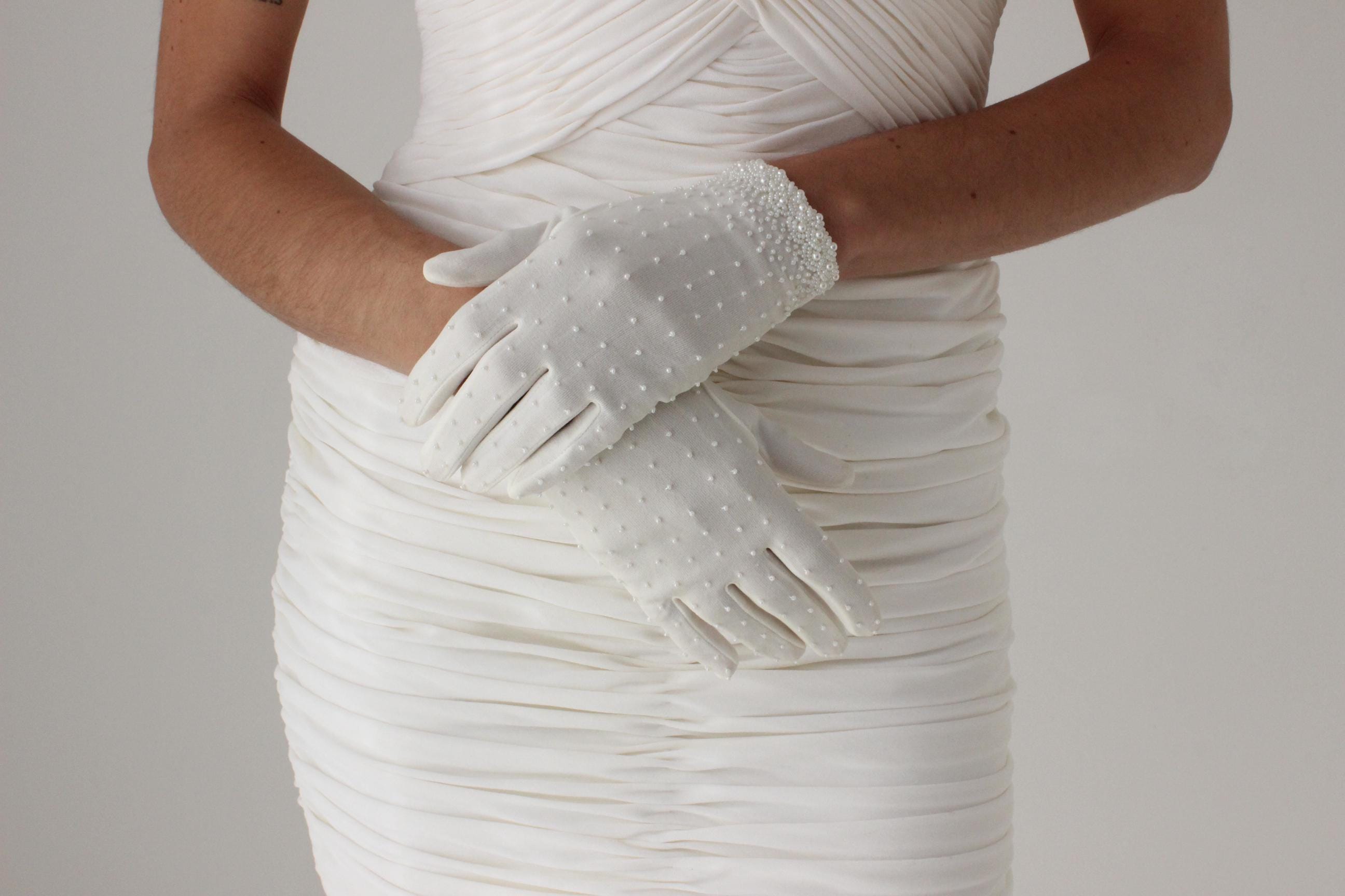 1980s Glass Bead & Pearl Stretch Nylon Bridal Gloves