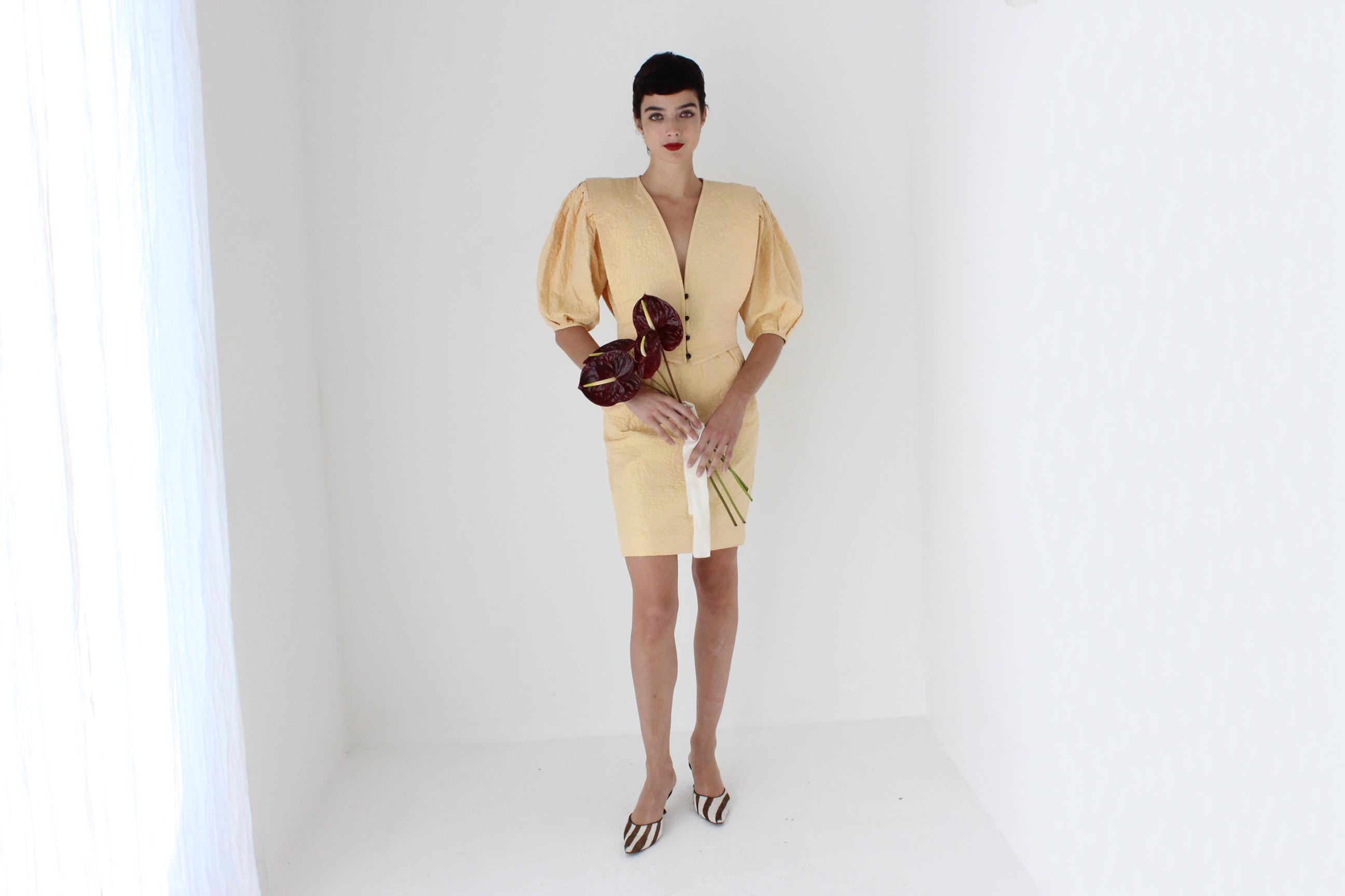 80s Emanuel Ungaro Quilted Silk Two Piece Skirt & Puff Top Set