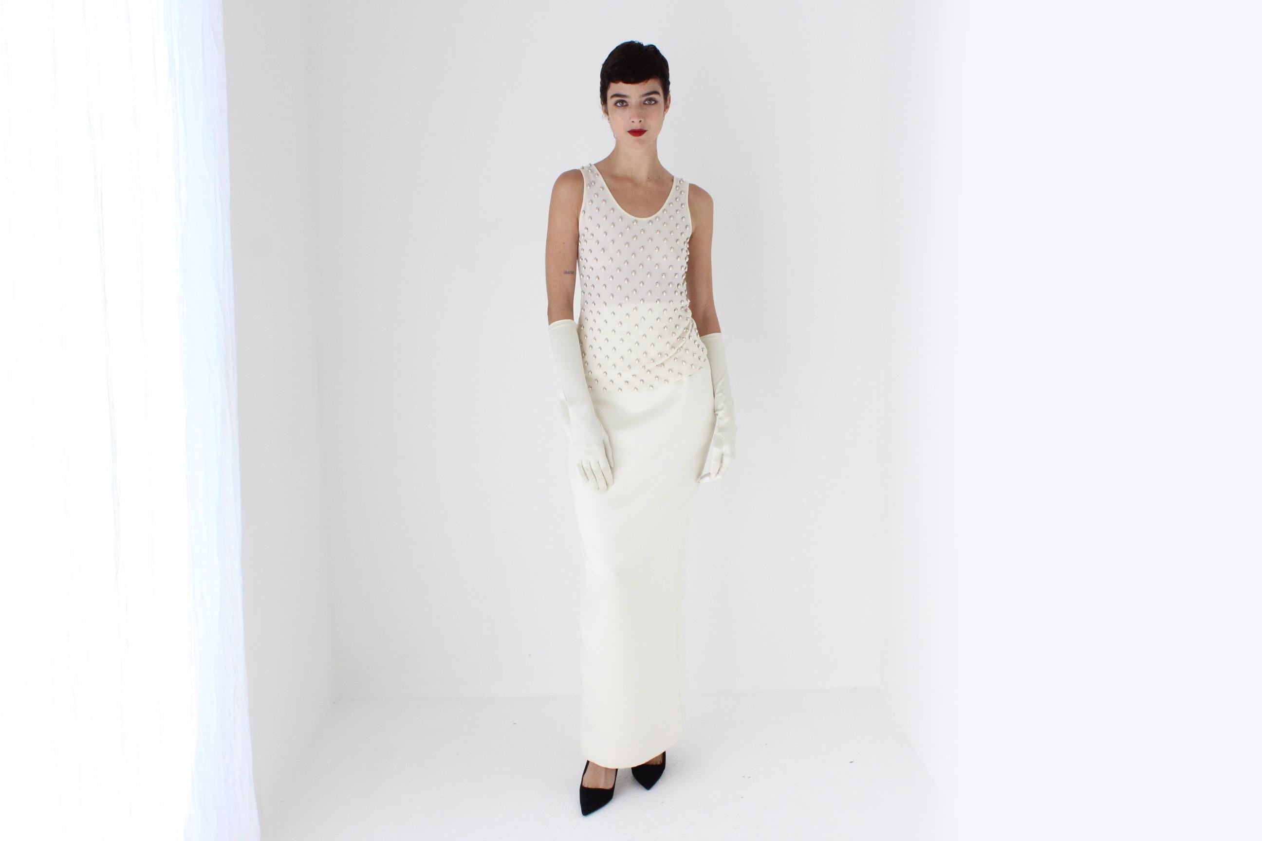 80s Duchess Satin High Waist Full Length Maxi Column Skirt