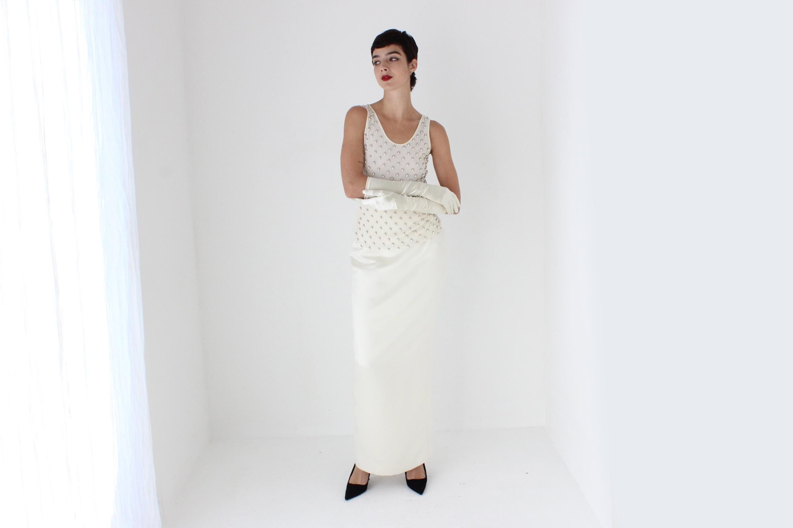 80s Duchess Satin High Waist Full Length Maxi Column Skirt