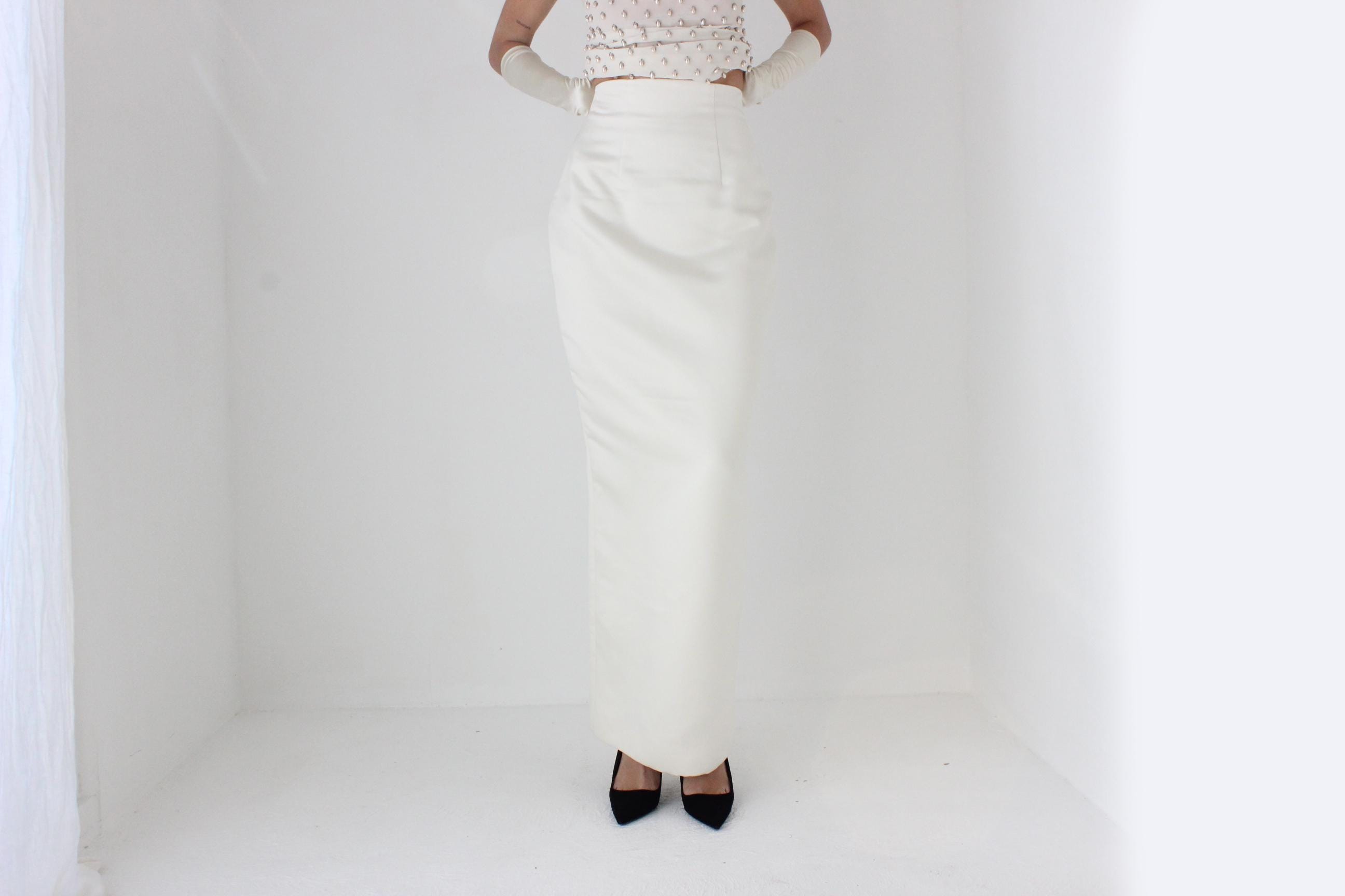 80s Duchess Satin High Waist Full Length Maxi Column Skirt