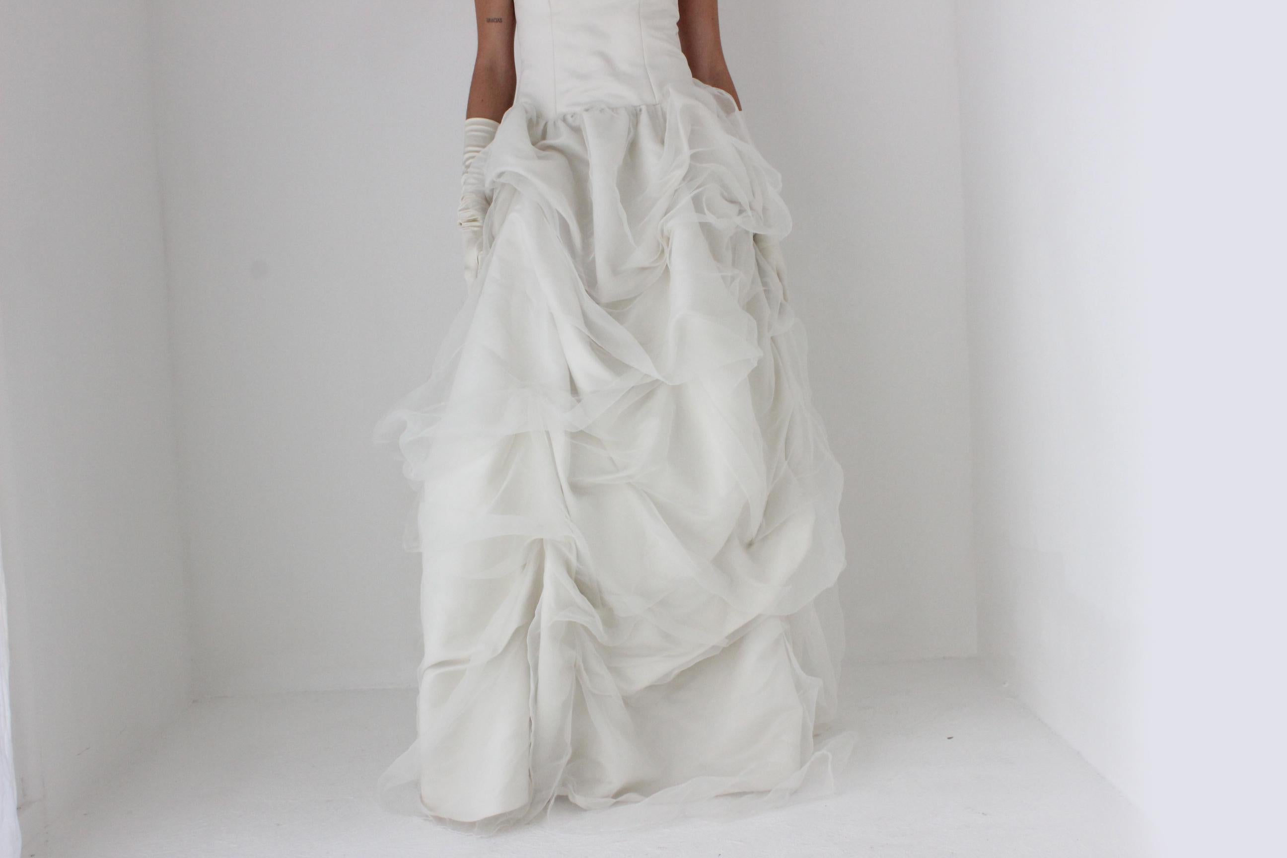 90s Off White Strapless Gown w/ Textural Organza Skirt