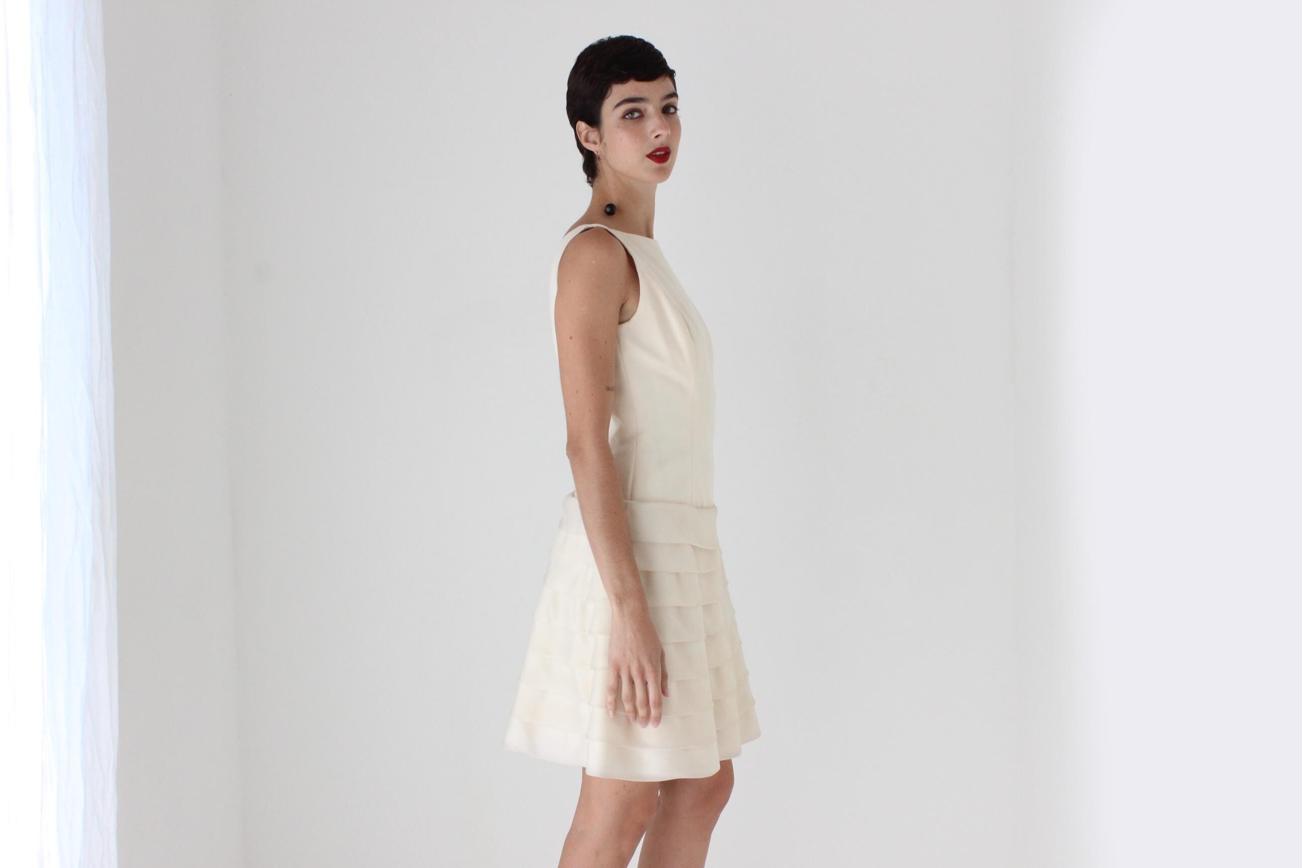 90s Elegant Silk High Neck Drop Waist A Line Dress w/ Tiered Organza Skirt