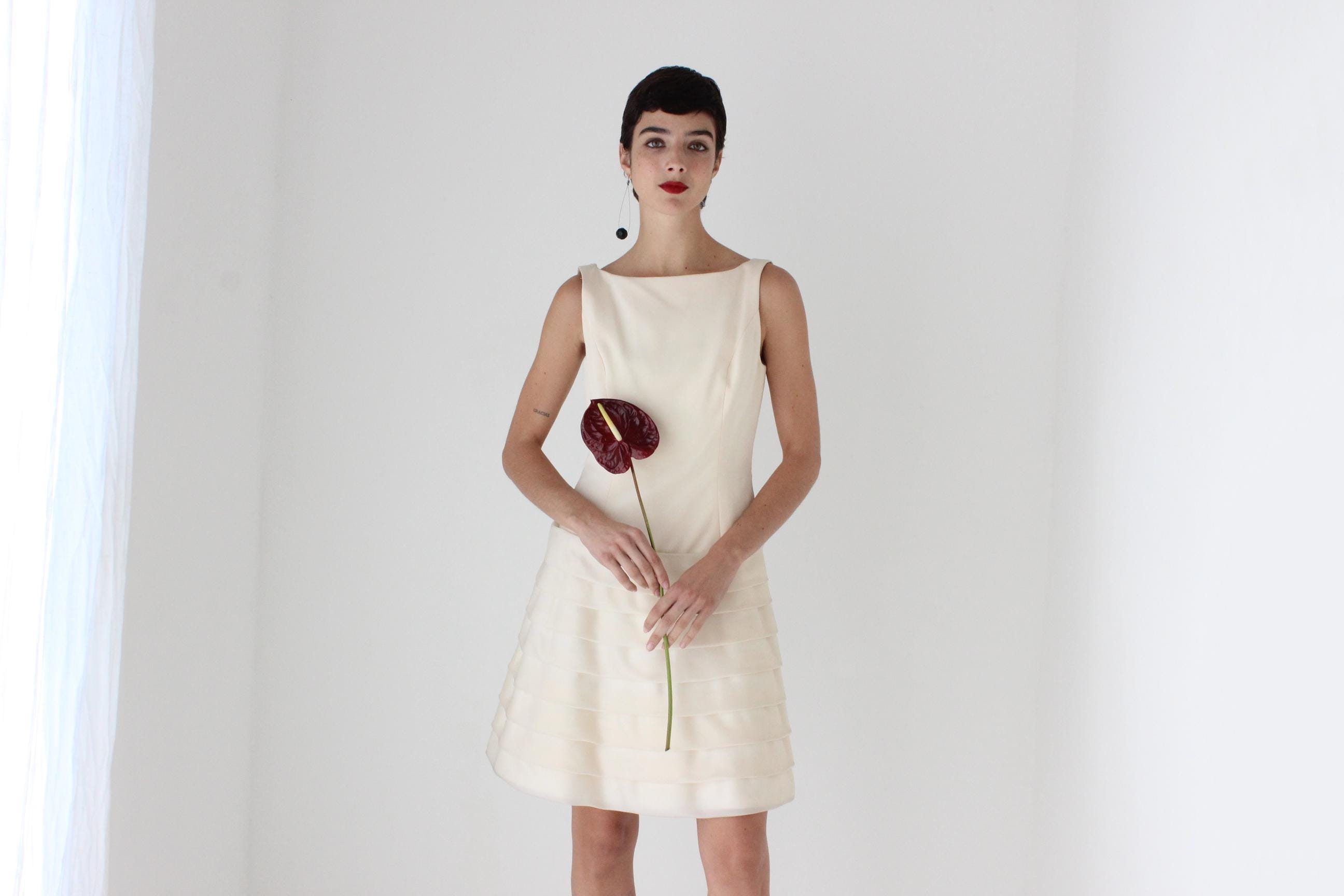90s Elegant Silk High Neck Drop Waist A Line Dress w/ Tiered Organza Skirt