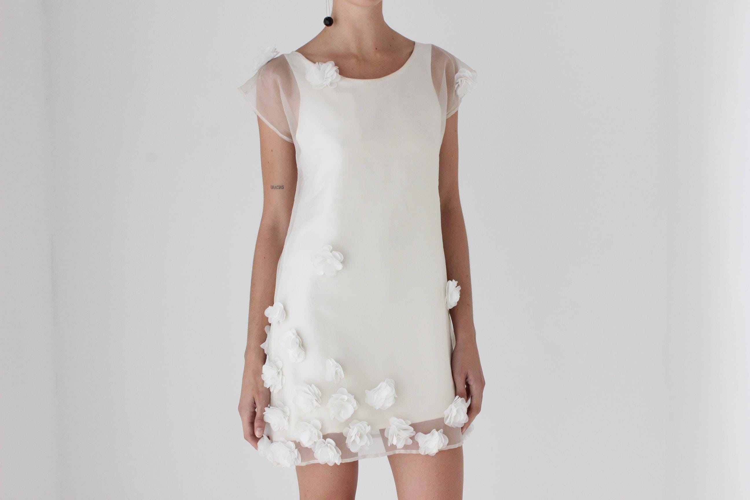 Custom Made 90s Silk Organza Mini Dress w/ Handmade Flowers