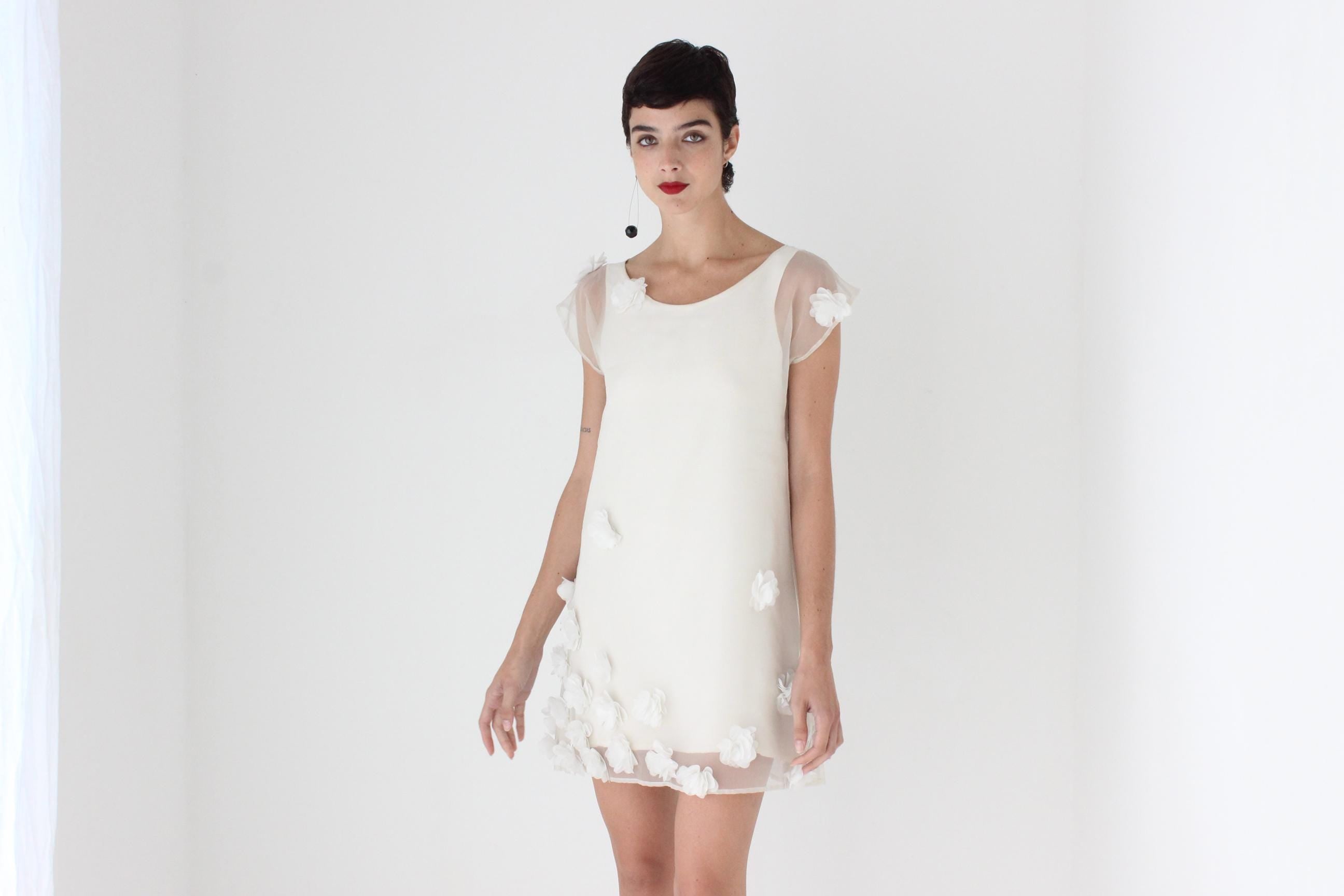 Custom Made 90s Silk Organza Mini Dress w/ Handmade Flowers