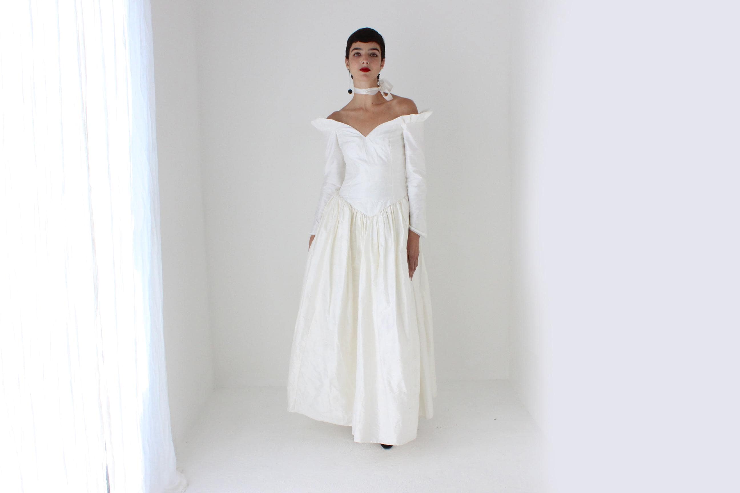 80s Silk Dupion Basque Waist, Off Shoulder, Long Sleeve Wedding Gown