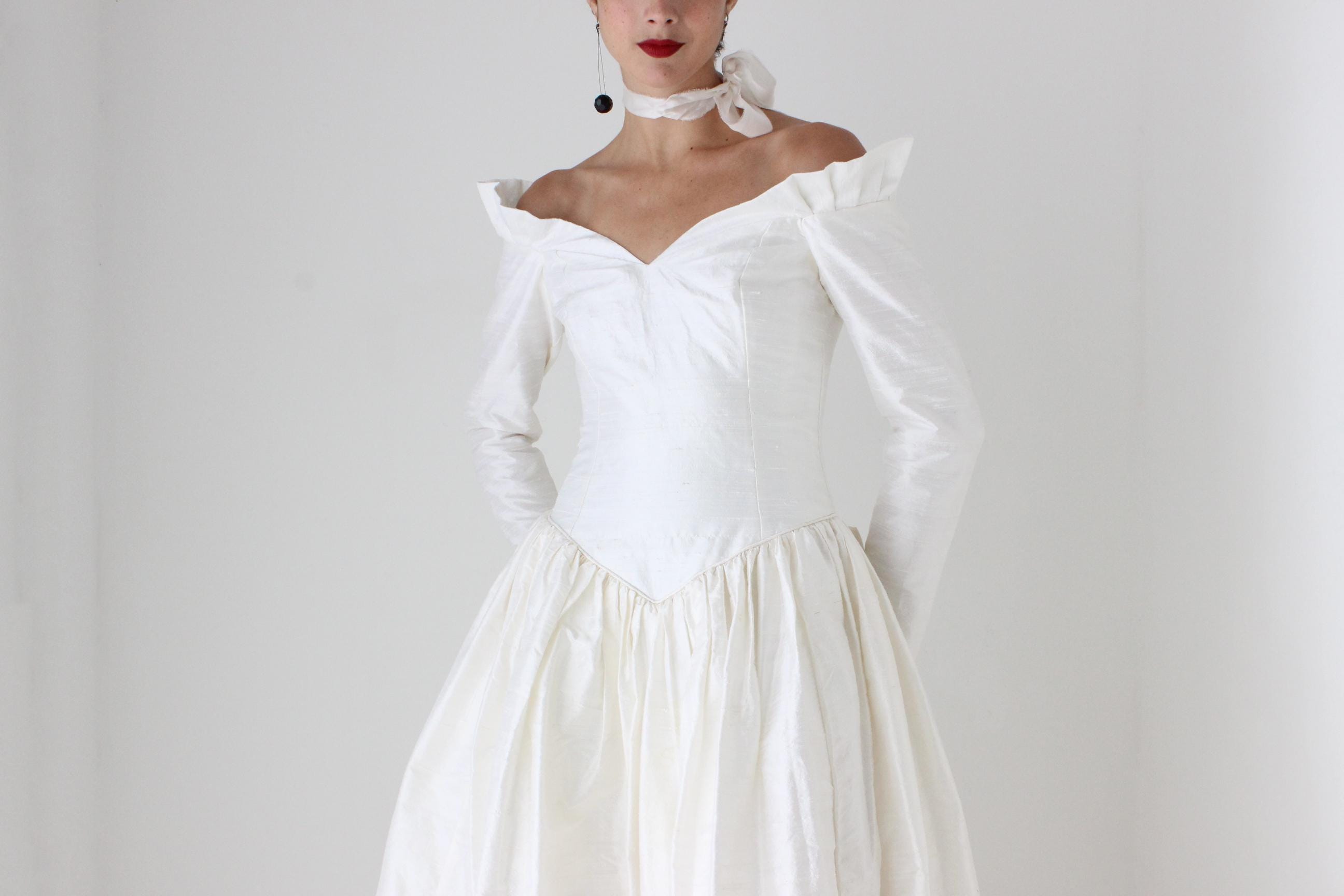 80s Silk Dupion Basque Waist, Off Shoulder, Long Sleeve Wedding Gown