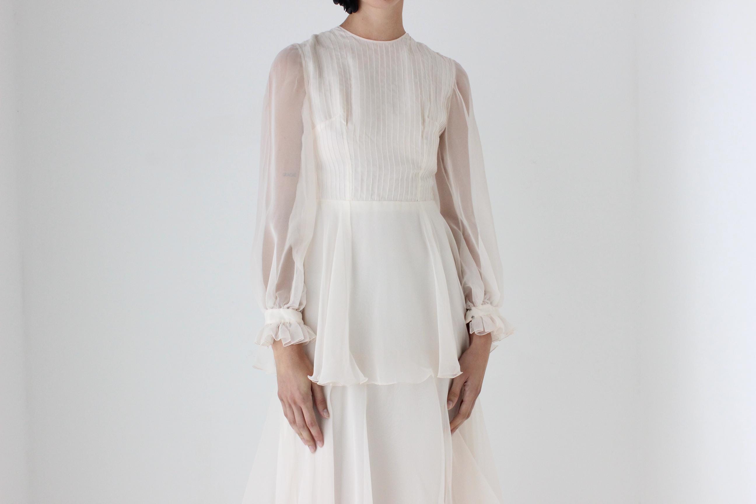 Romantic 70s Pastel Chiffon Tiered Ruffle Wedding Dress