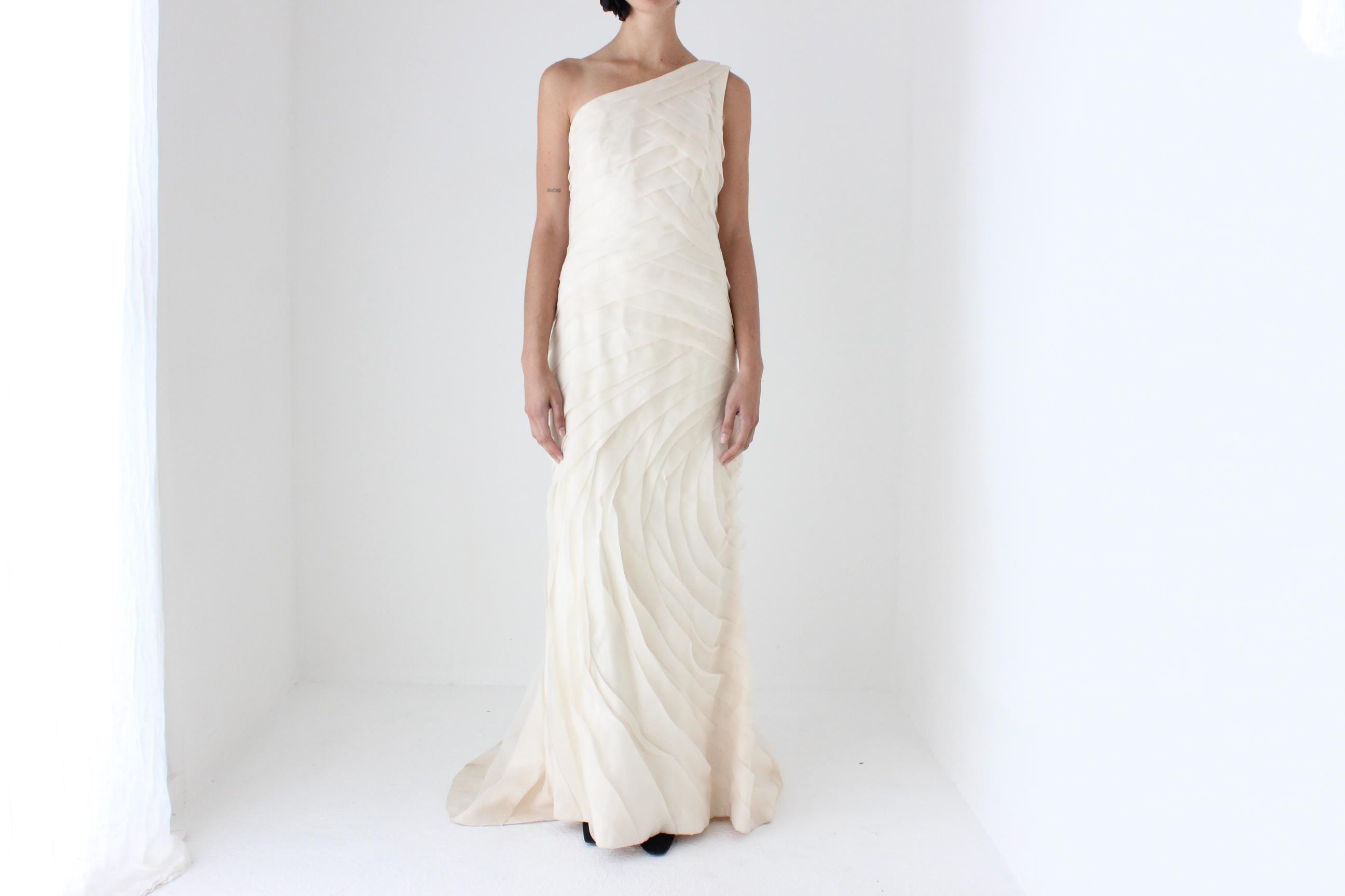 2000s Textural Pastel Silk Organza Asymmetric One Shoulder Gown