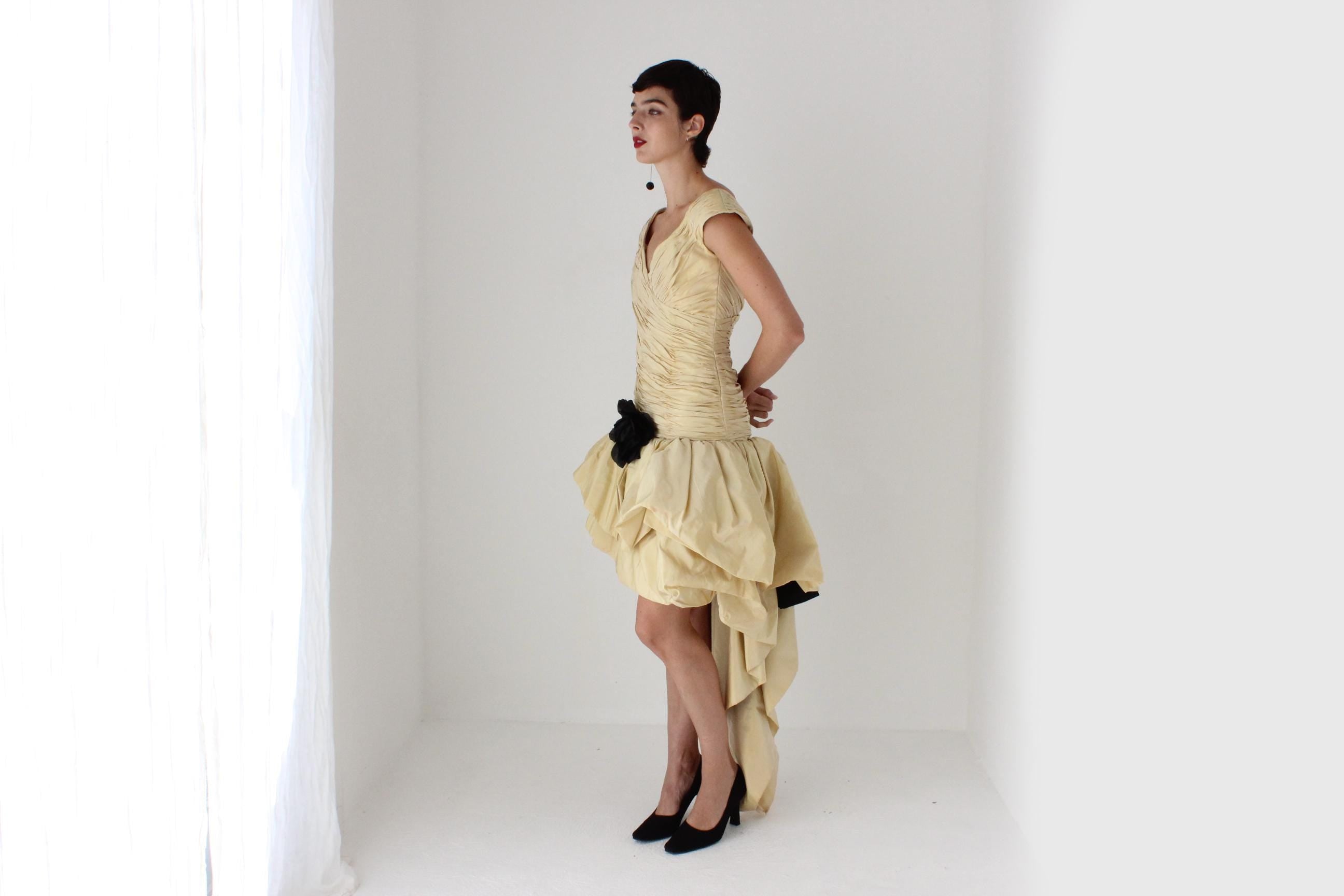 80s LORIS AZZARO Paris Silk Taffeta Drop Waist Puff Dress w/ Silk Flower