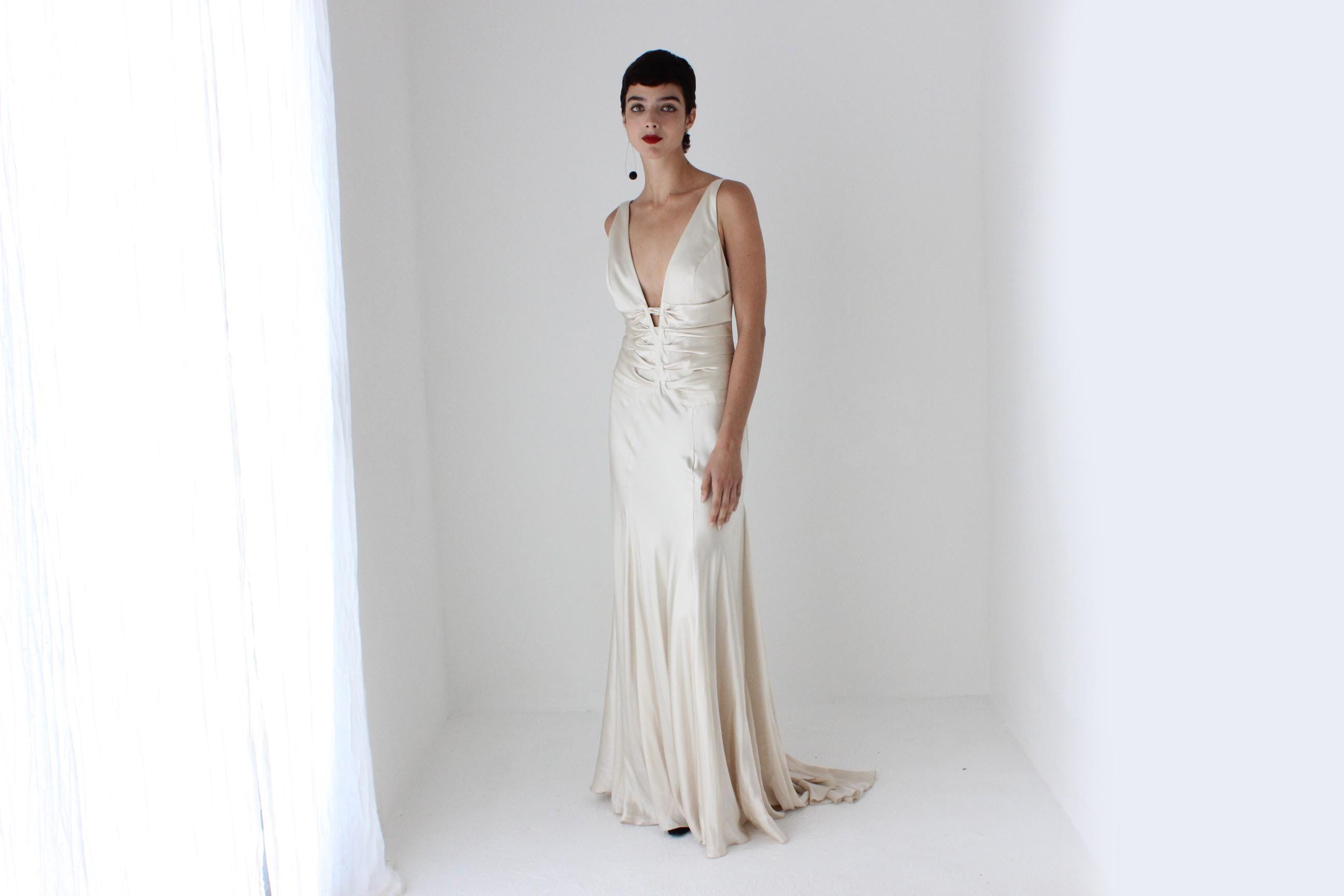 90s Oyster Liquid Silk Plunge Neck Gown w/ 'Ribcage' Ribbons & Train