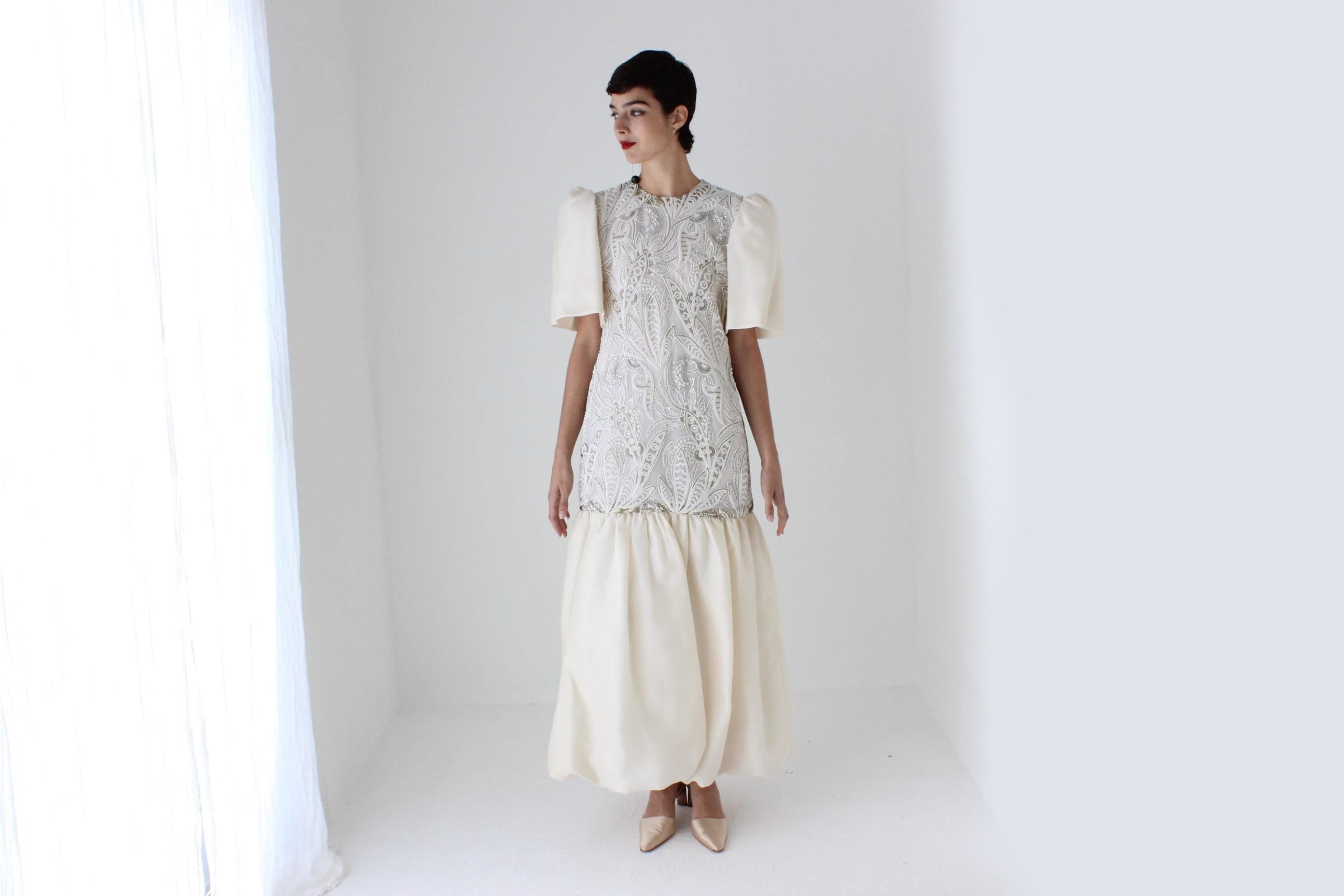 80s Mary McFadden Couture Silk Beaded Puff Sleeve / Bubble Dress