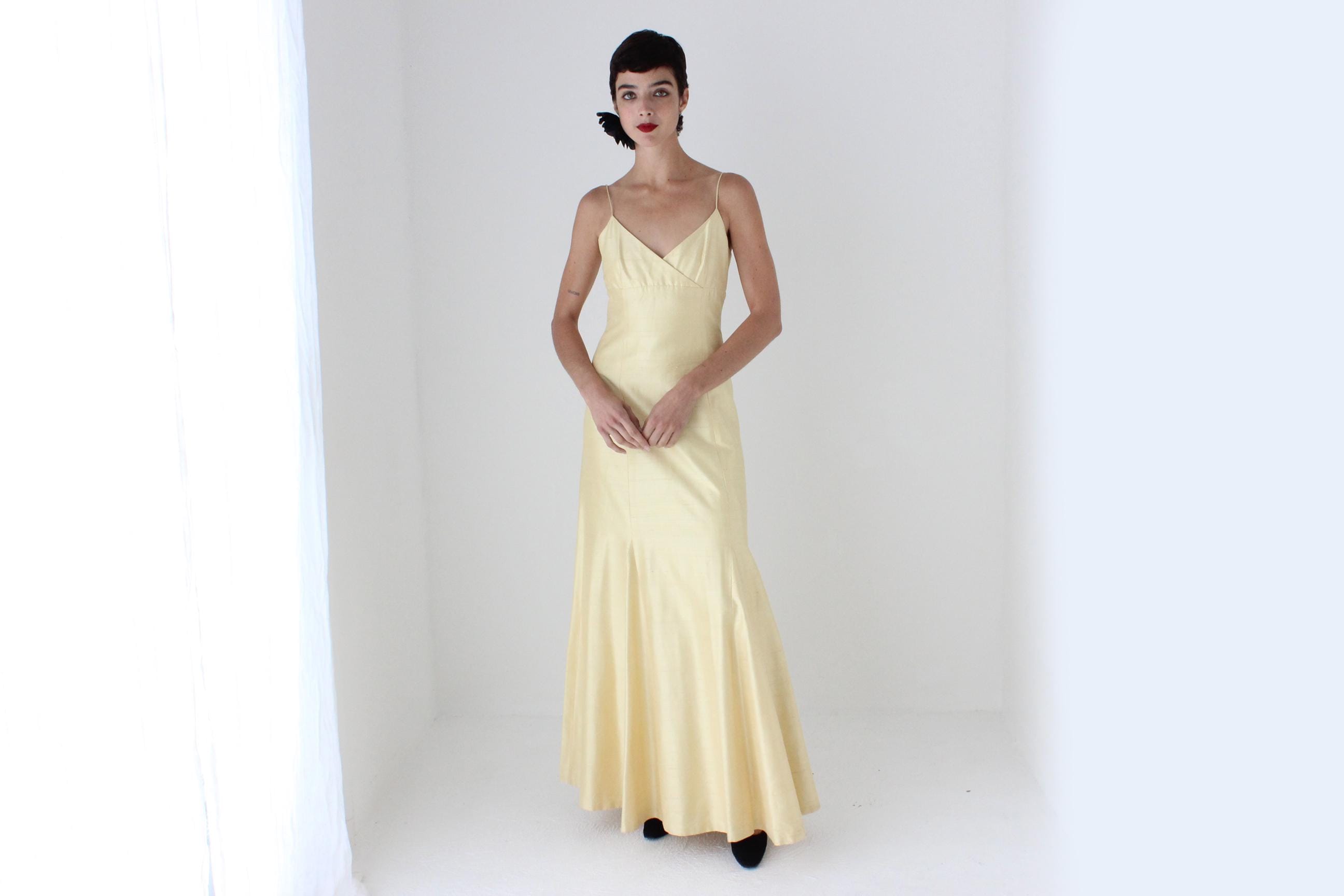 2000s Jenny Yoo Raw Silk Yellow Spaghetti Strap Gown