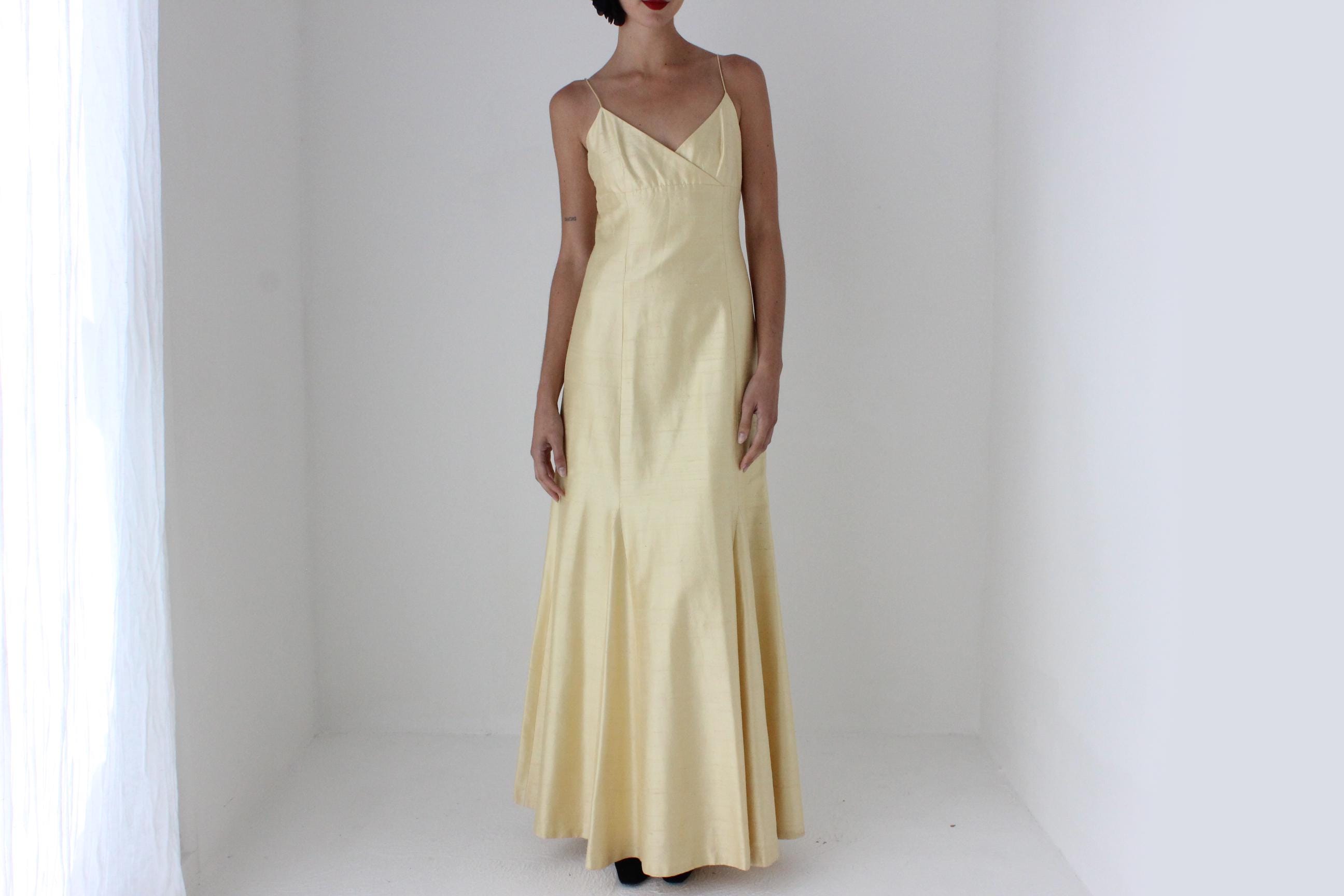 2000s Jenny Yoo Raw Silk Yellow Spaghetti Strap Gown