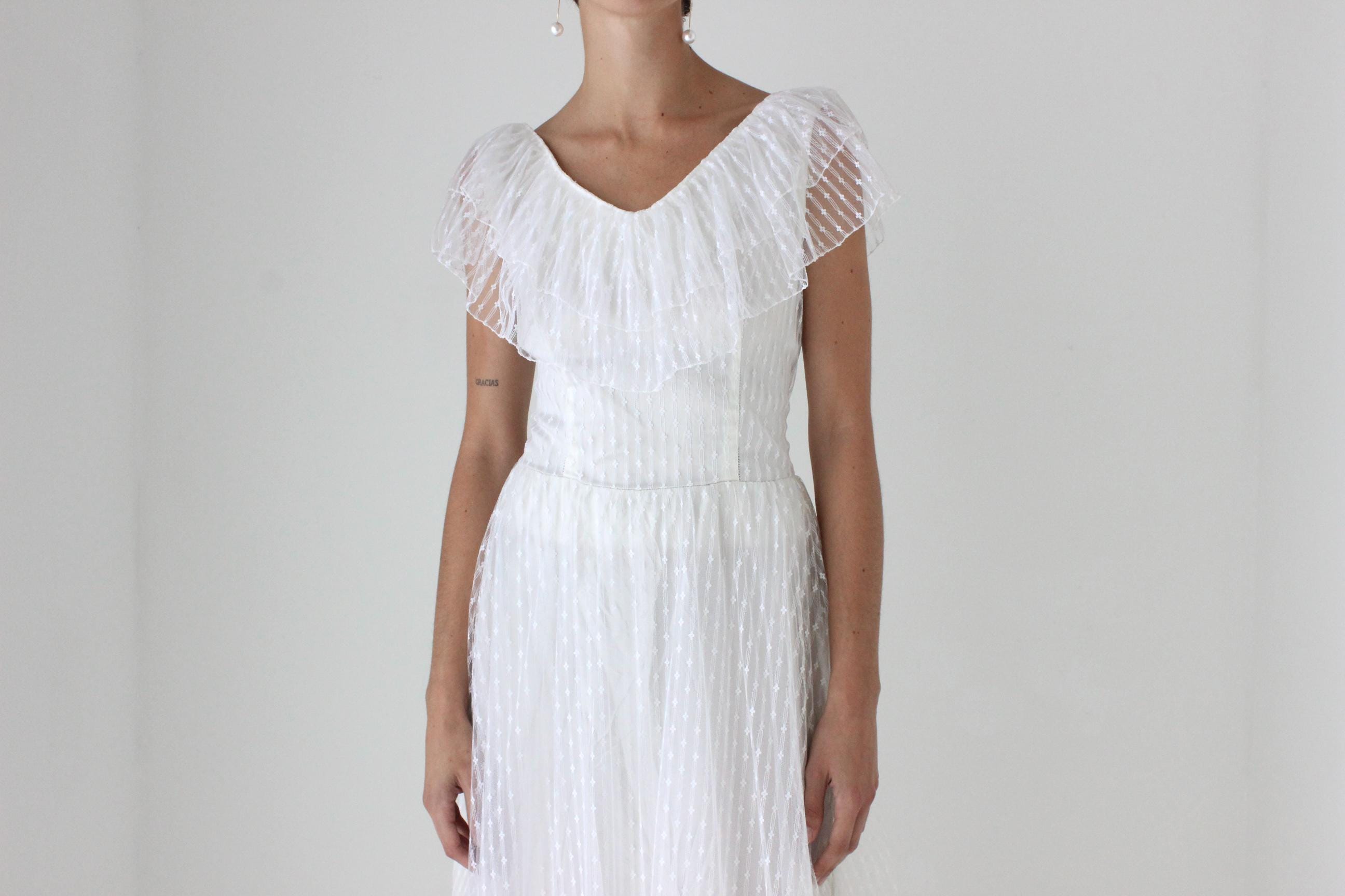 Romantic 70s Lace Flutter Ruffle Wedding Gown w/ Train