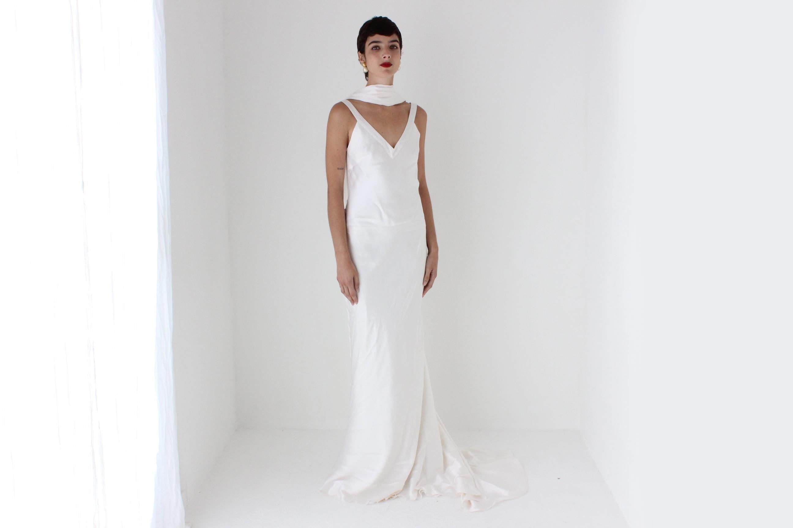 2000s Pure Silk Bias Cut Backless Wedding Dress w/ Train & Matching Shawl