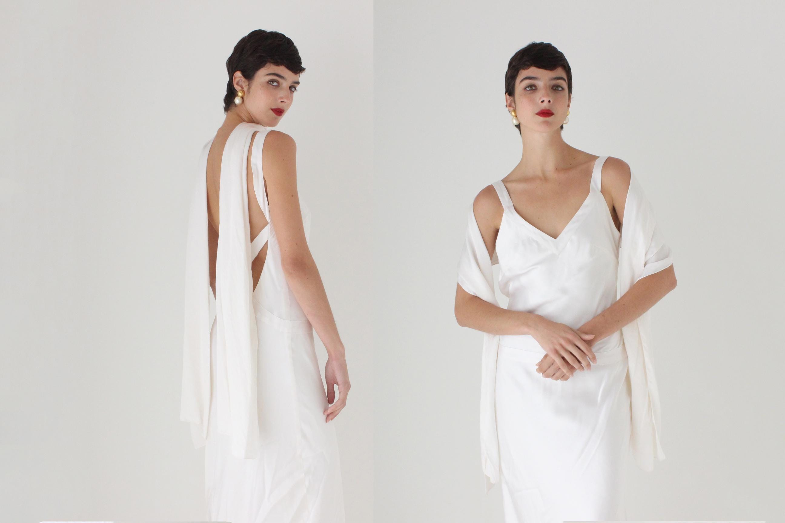 2000s Pure Silk Bias Cut Backless Wedding Dress w/ Train & Matching Shawl