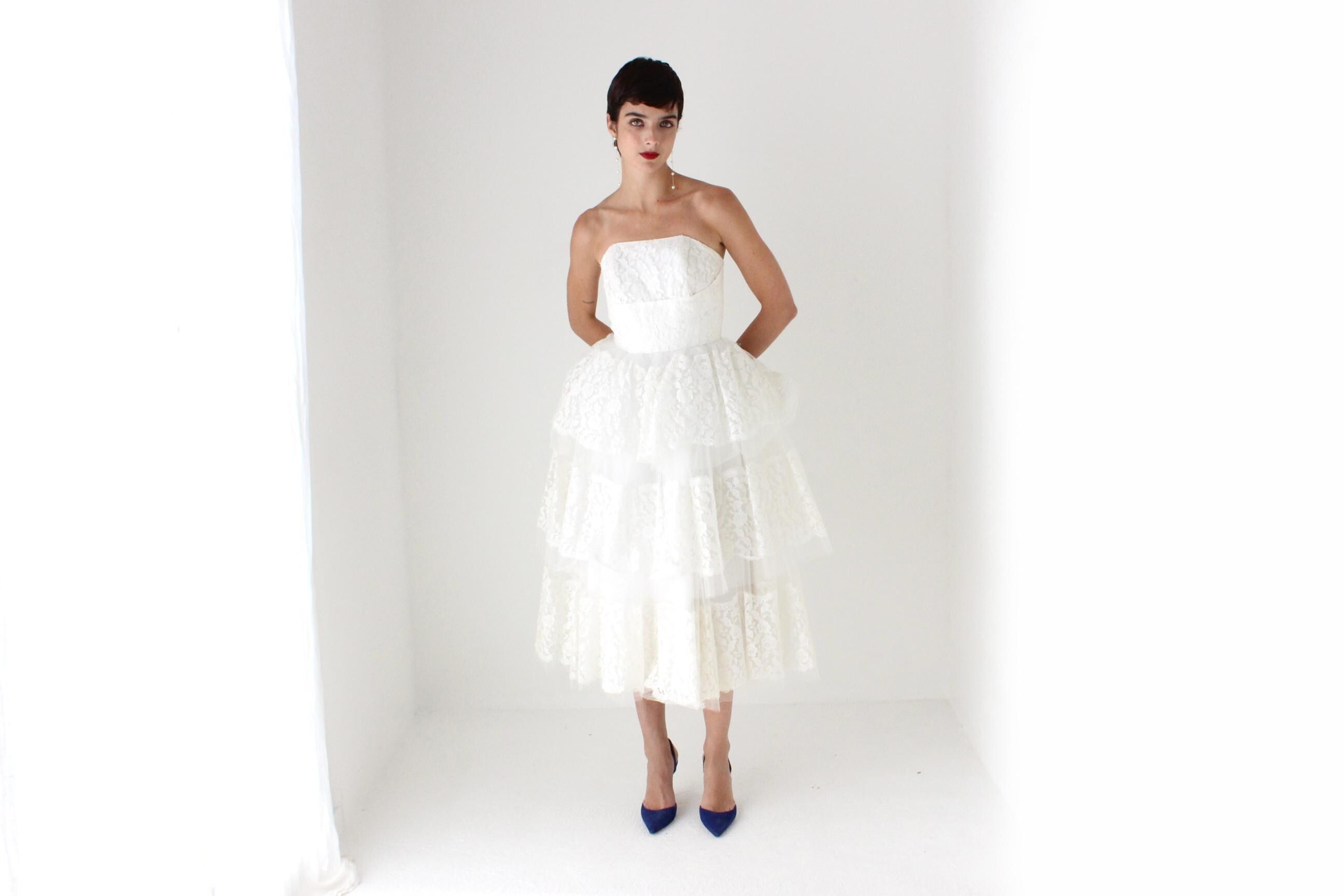 50s Tiered Lace & Tulle Sculptural Strapless Dress