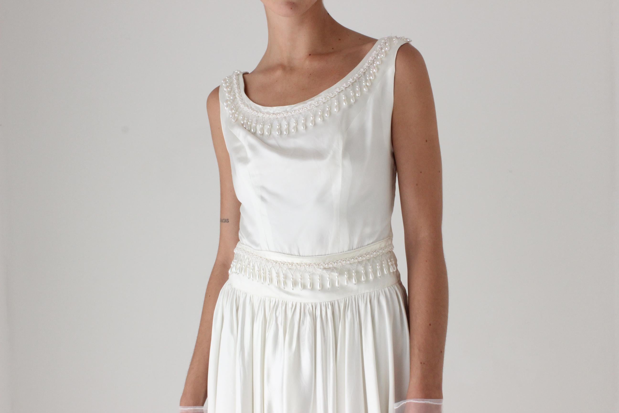 80s Does 50s Satin Full Circle Skirt Dress w/ Pearls