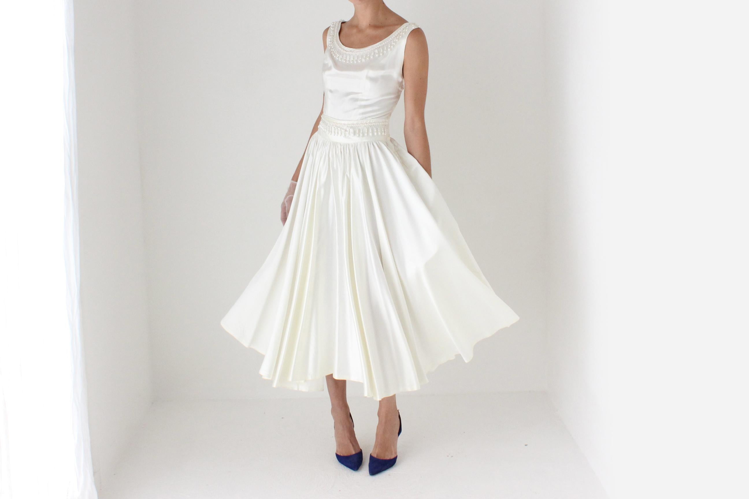 80s Does 50s Satin Full Circle Skirt Dress w/ Pearls