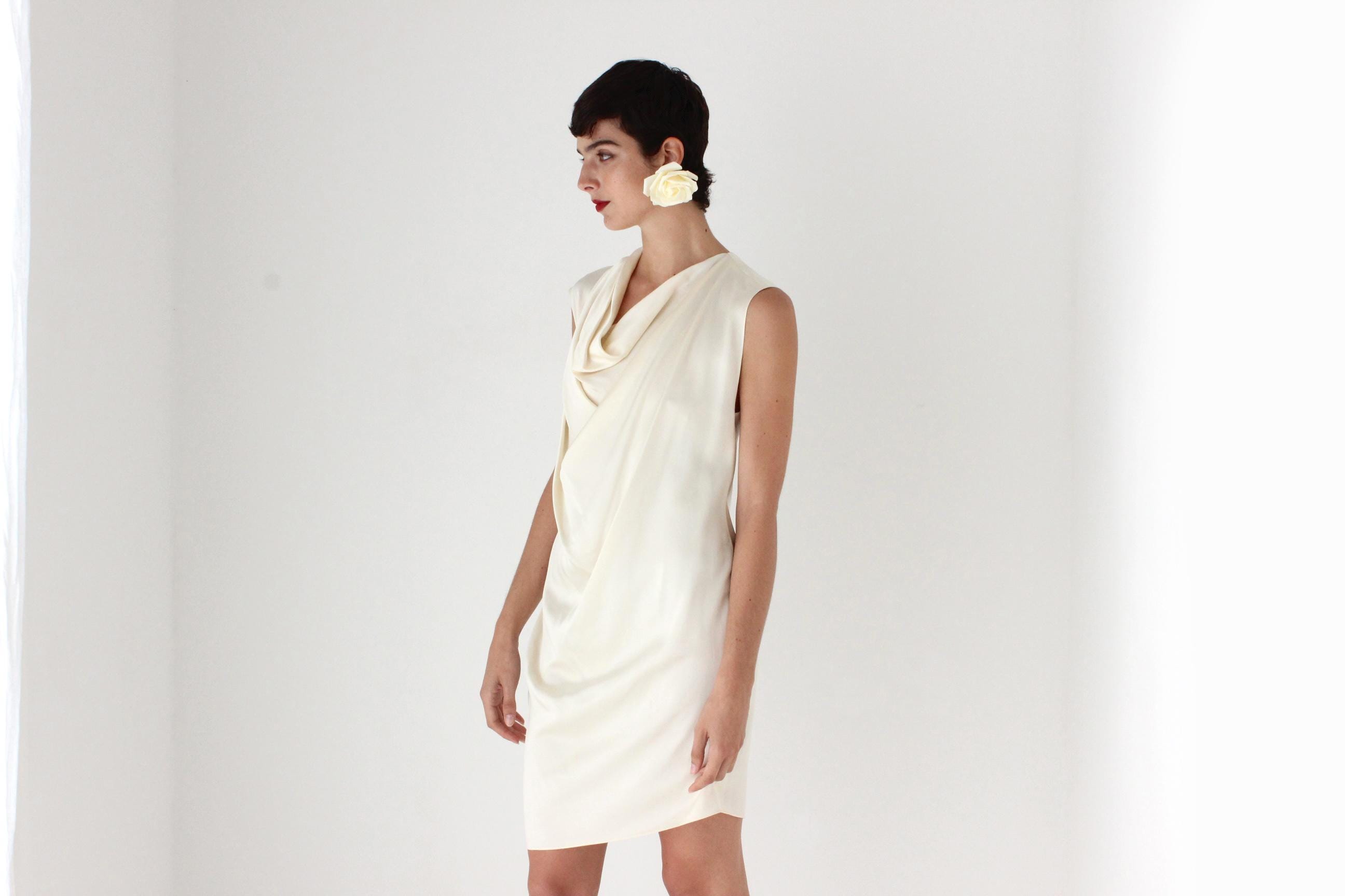2017 LANVIN Paris Draped Ivory Satin Cowl Neck Bridal Mini