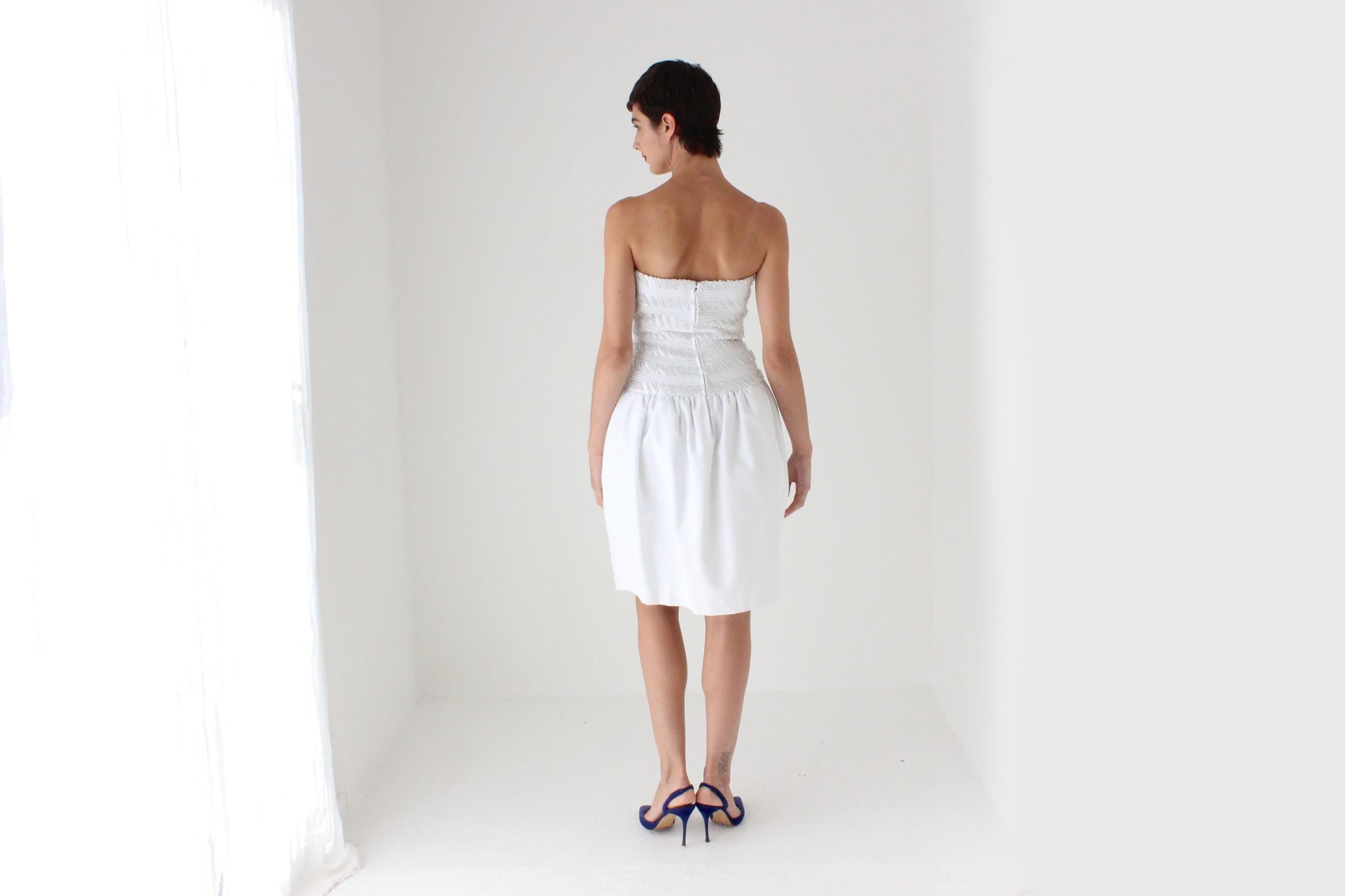 80s Victoria Royal Textured Cotton & Detailed Beading Drop Waist Strapless Cocktail Dress