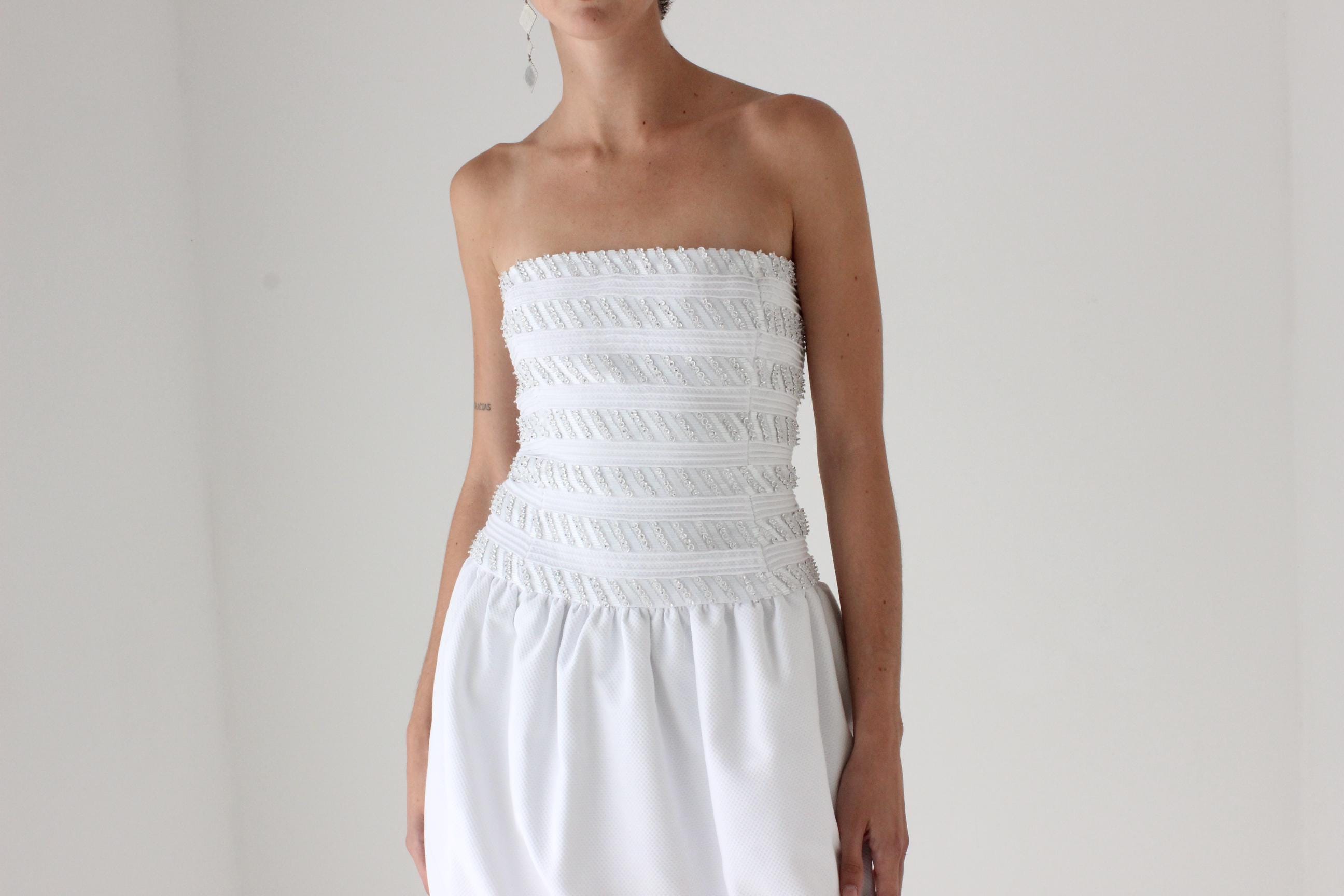 80s Victoria Royal Textured Cotton & Detailed Beading Drop Waist Strapless Cocktail Dress