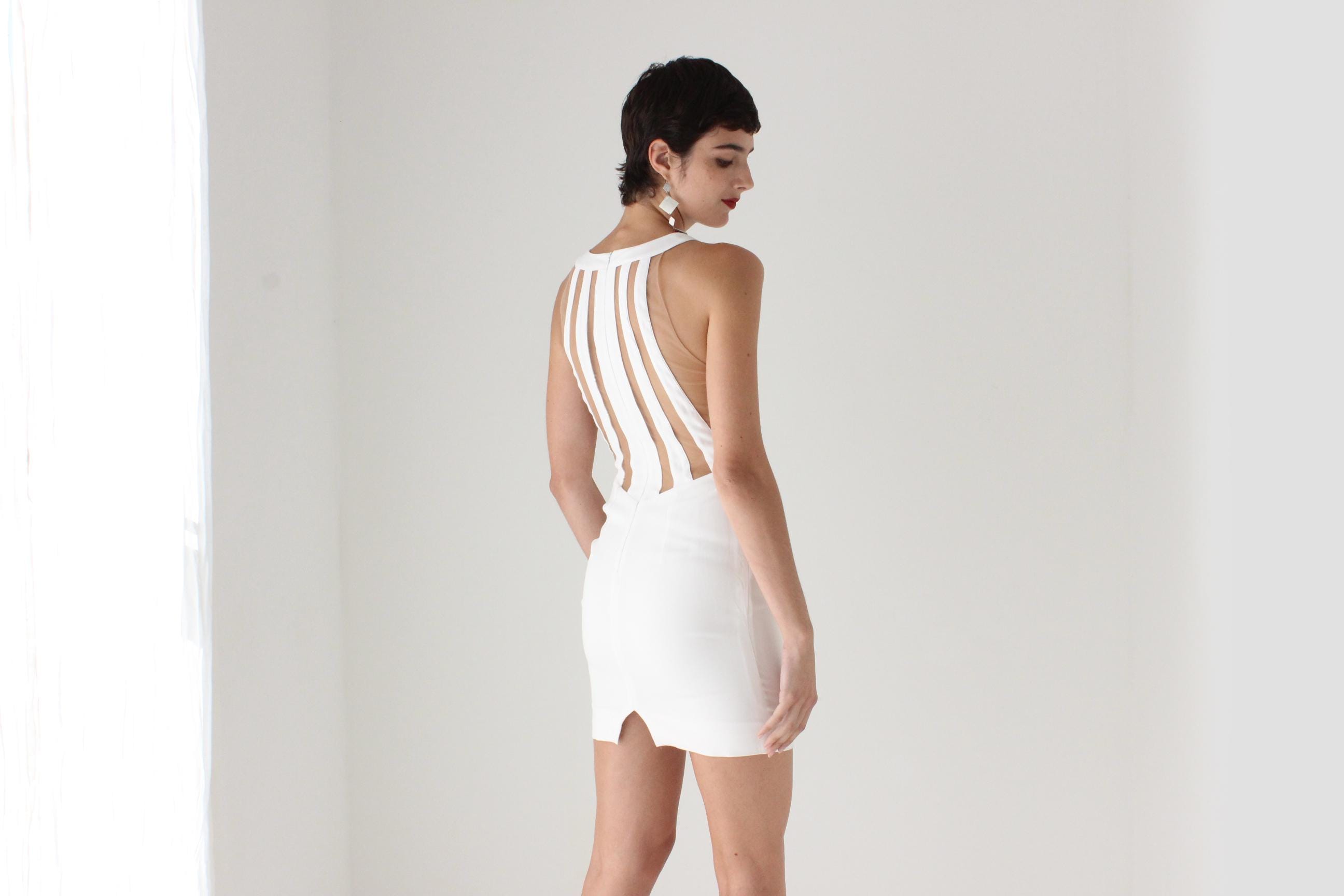 2000s BLUMARINE Italy Silk & Mesh Nude Stripe Plunge Neck Sexy Mini