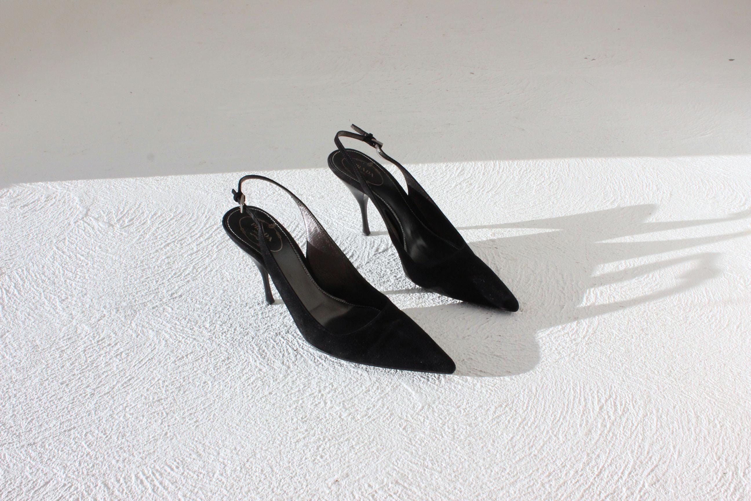 2008 Prada 'Crucial II' Black Suede Pointed Toe Slingback Heels ~ Euro 39