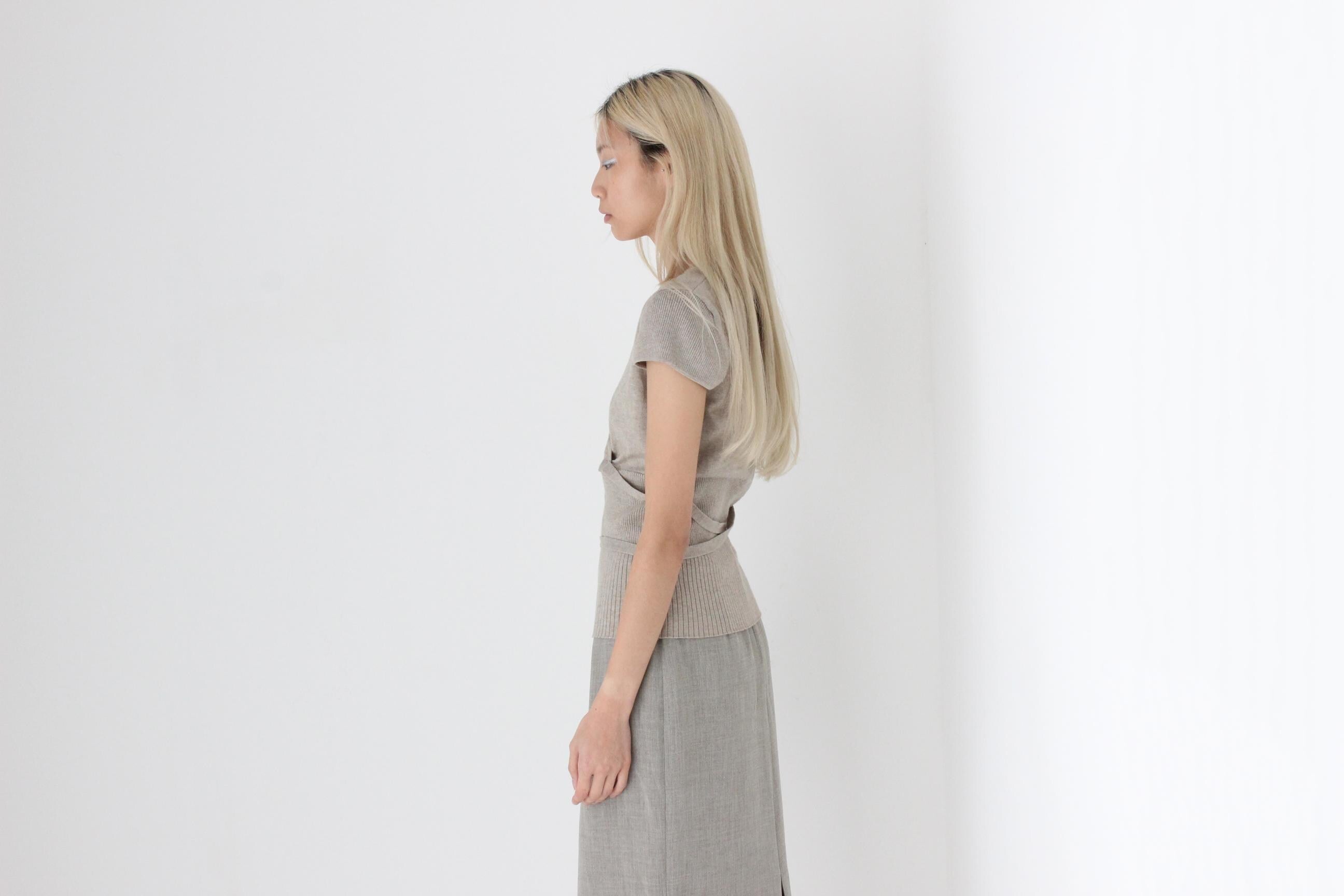 FUTURISM Y2K Neutral Plunge Neck Stretch Fitted Top