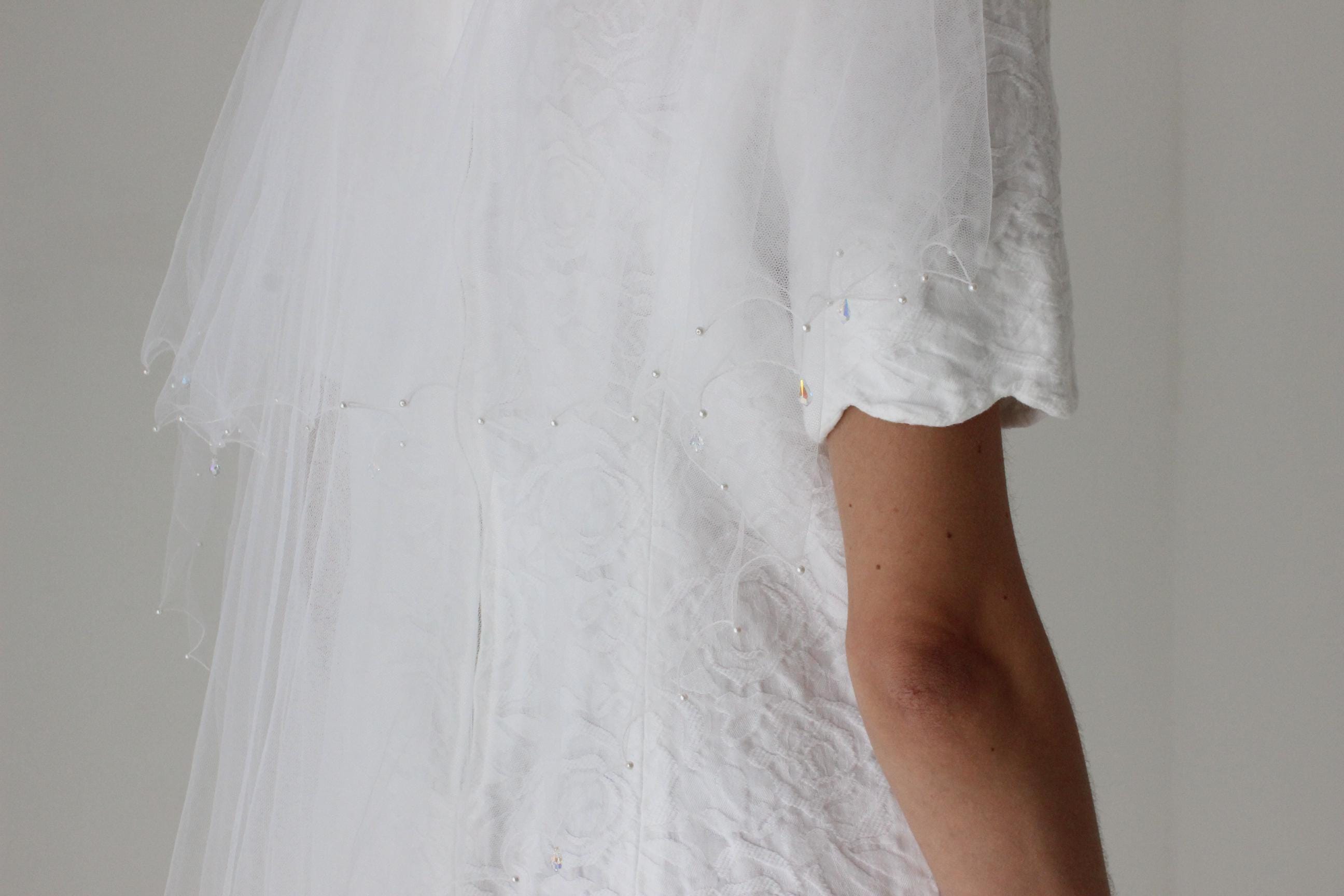 White Tulle Veil w/ Beads & Pearls