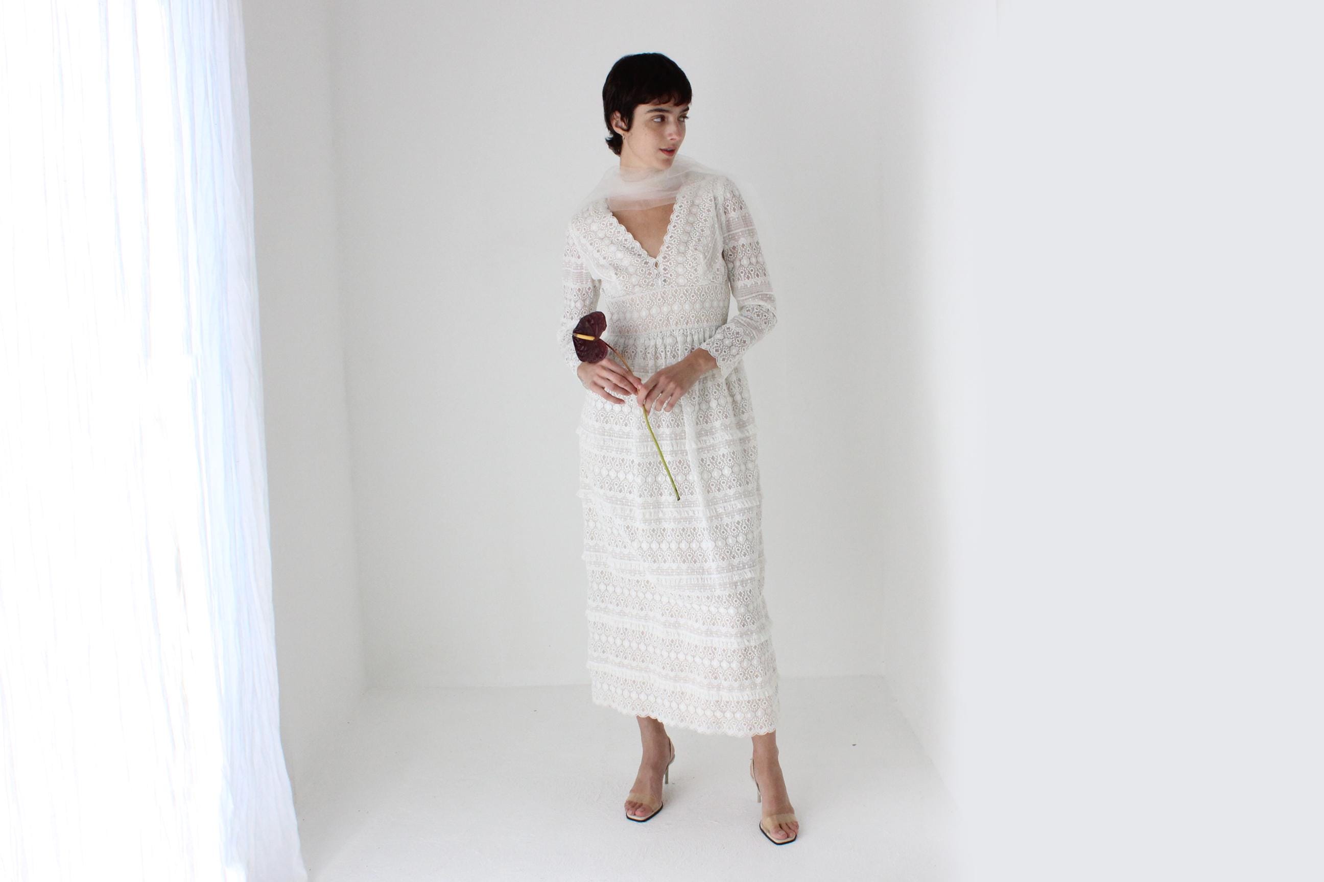 70s Romantica by Victor Costa Fine Tulle Lace Dress