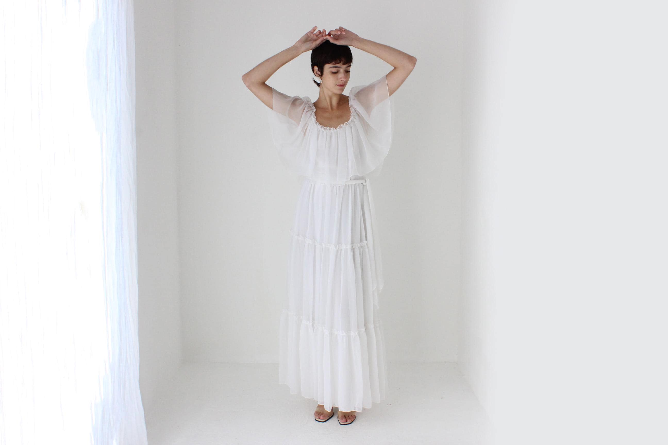 Romantic 70s Organza Tiered Ruffle Flutter Dress