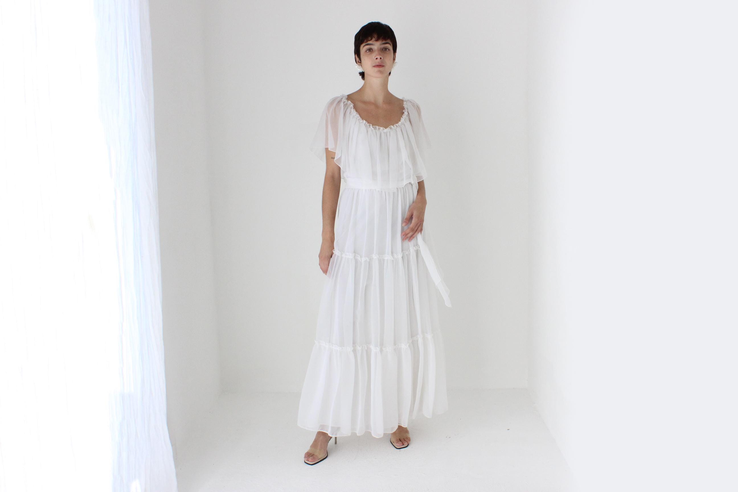 Romantic 70s Organza Tiered Ruffle Flutter Dress