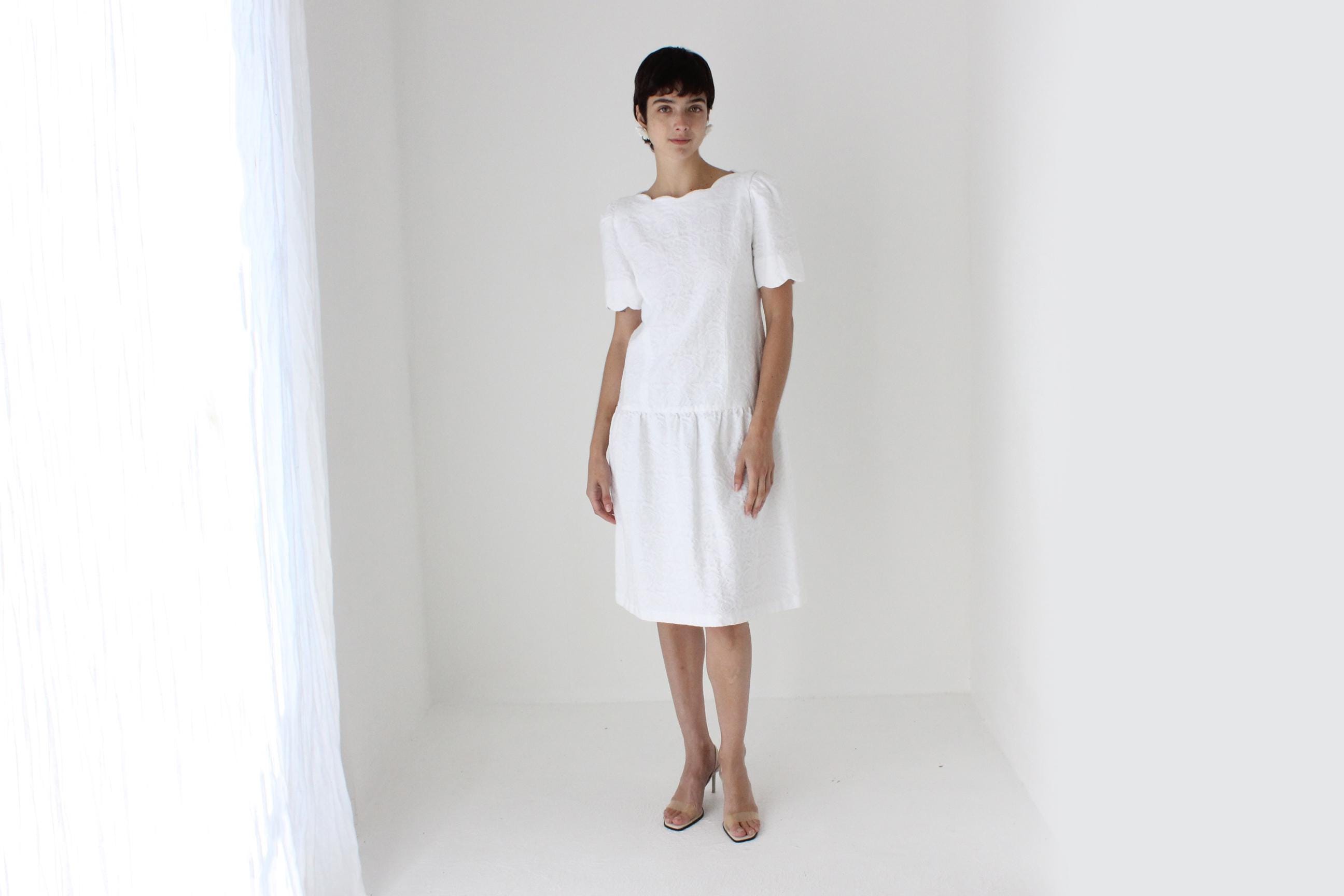 80s Saks Fifth Avenue Textured Cotton Drop Waist Dress