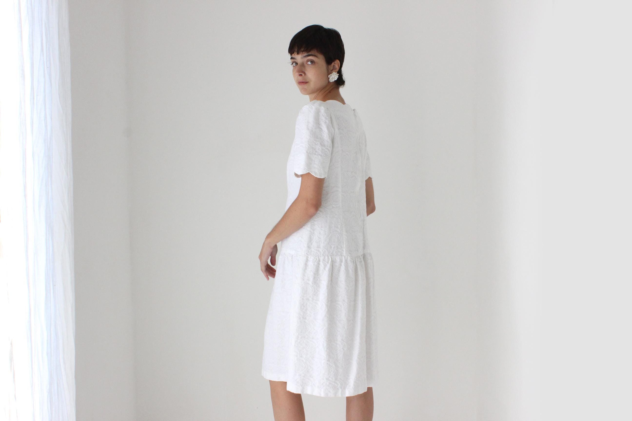 80s Saks Fifth Avenue Textured Cotton Drop Waist Dress