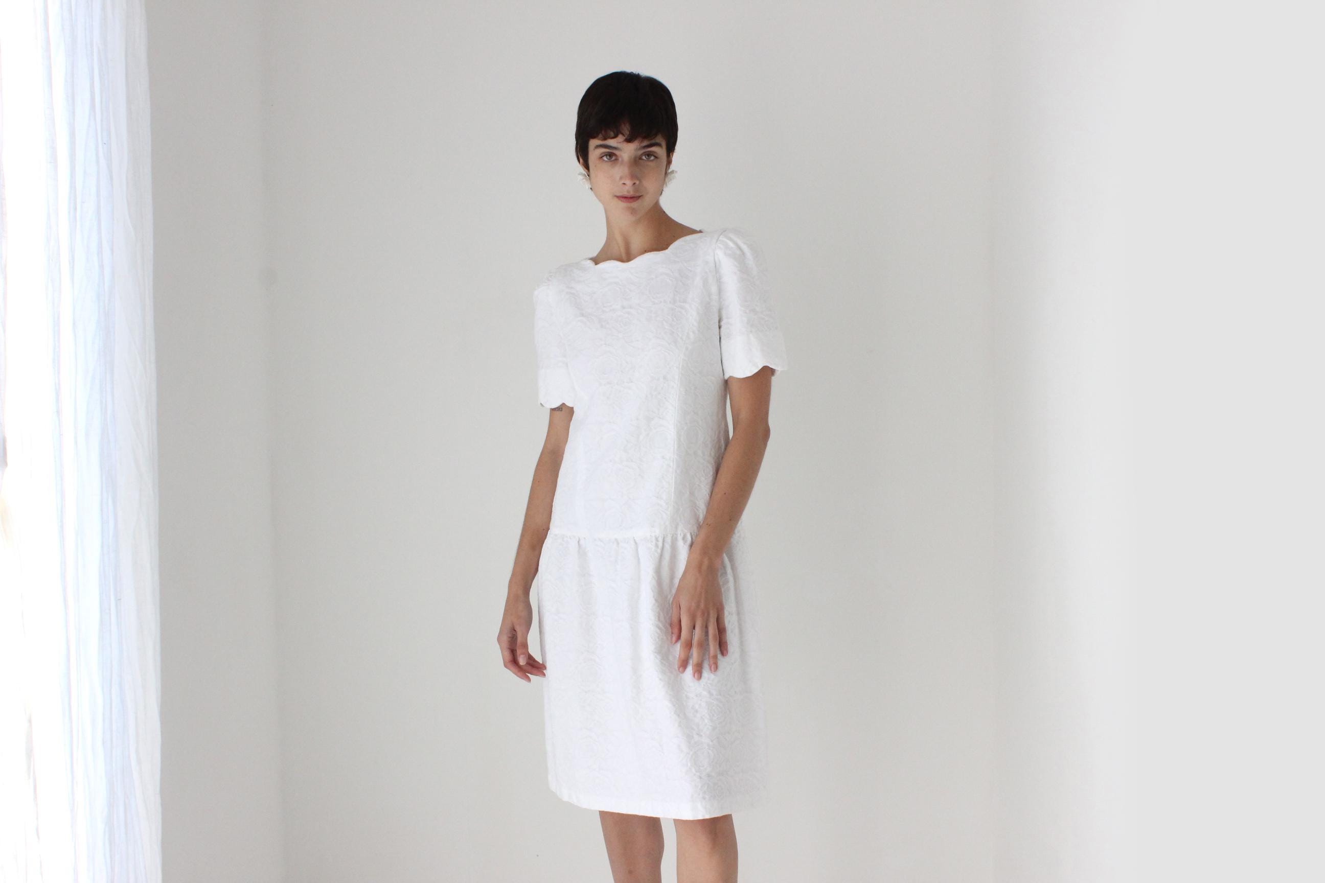80s Saks Fifth Avenue Textured Cotton Drop Waist Dress