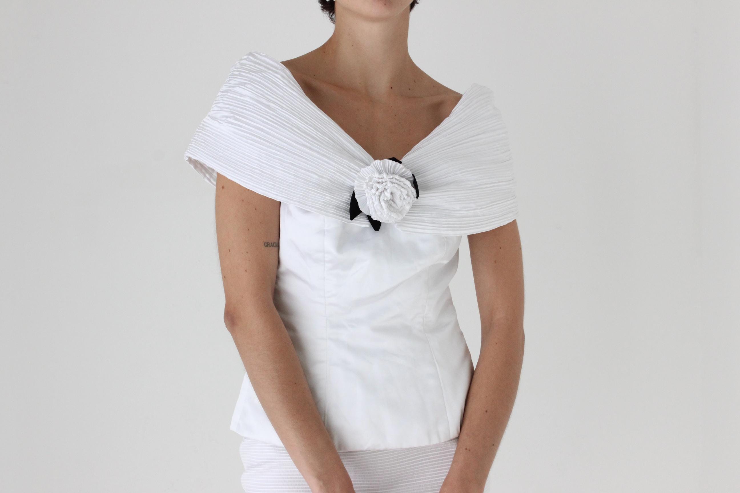 80s Teena Varigos Plisse Off Shoulder Bridal Rosette Top