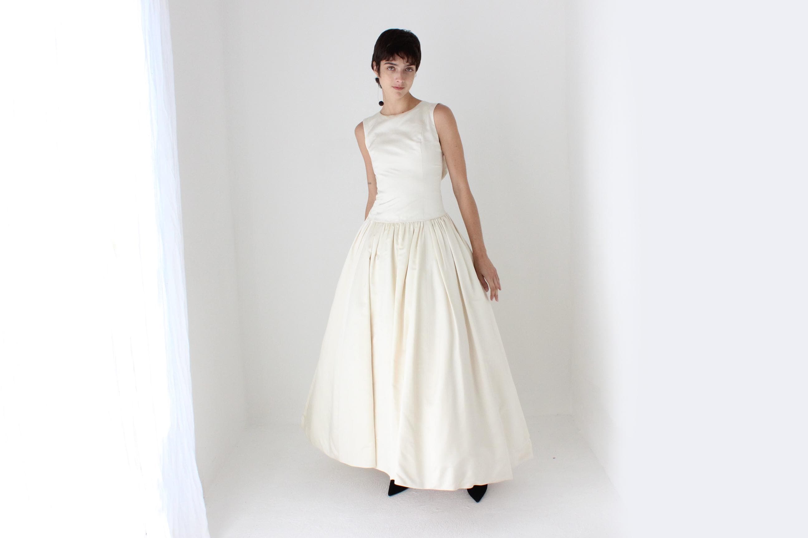 90s Archival Amsale Satin High Neck, Drop Waist Wedding Gown w/ Rosettes