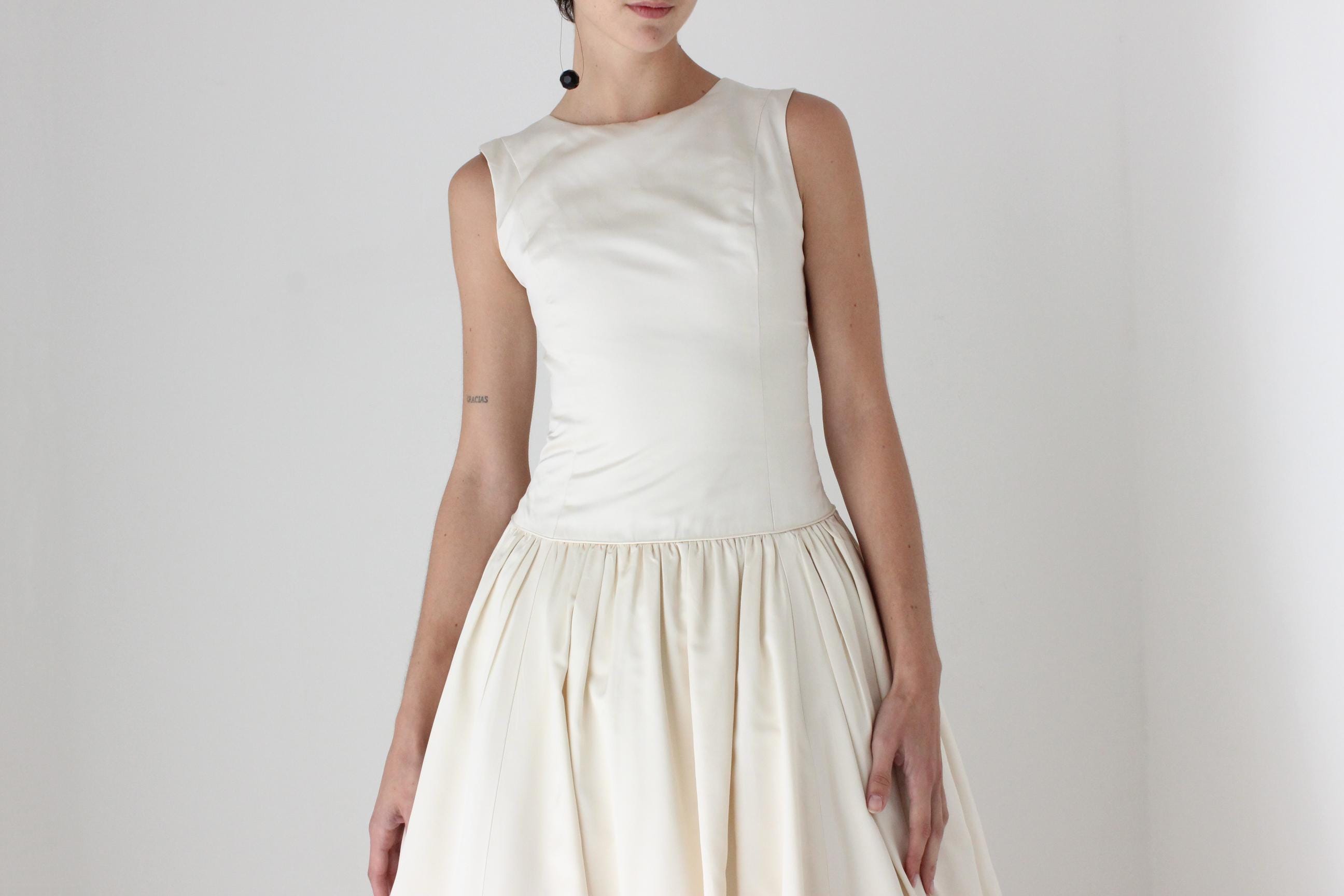90s Archival Amsale Satin High Neck, Drop Waist Wedding Gown w/ Rosettes