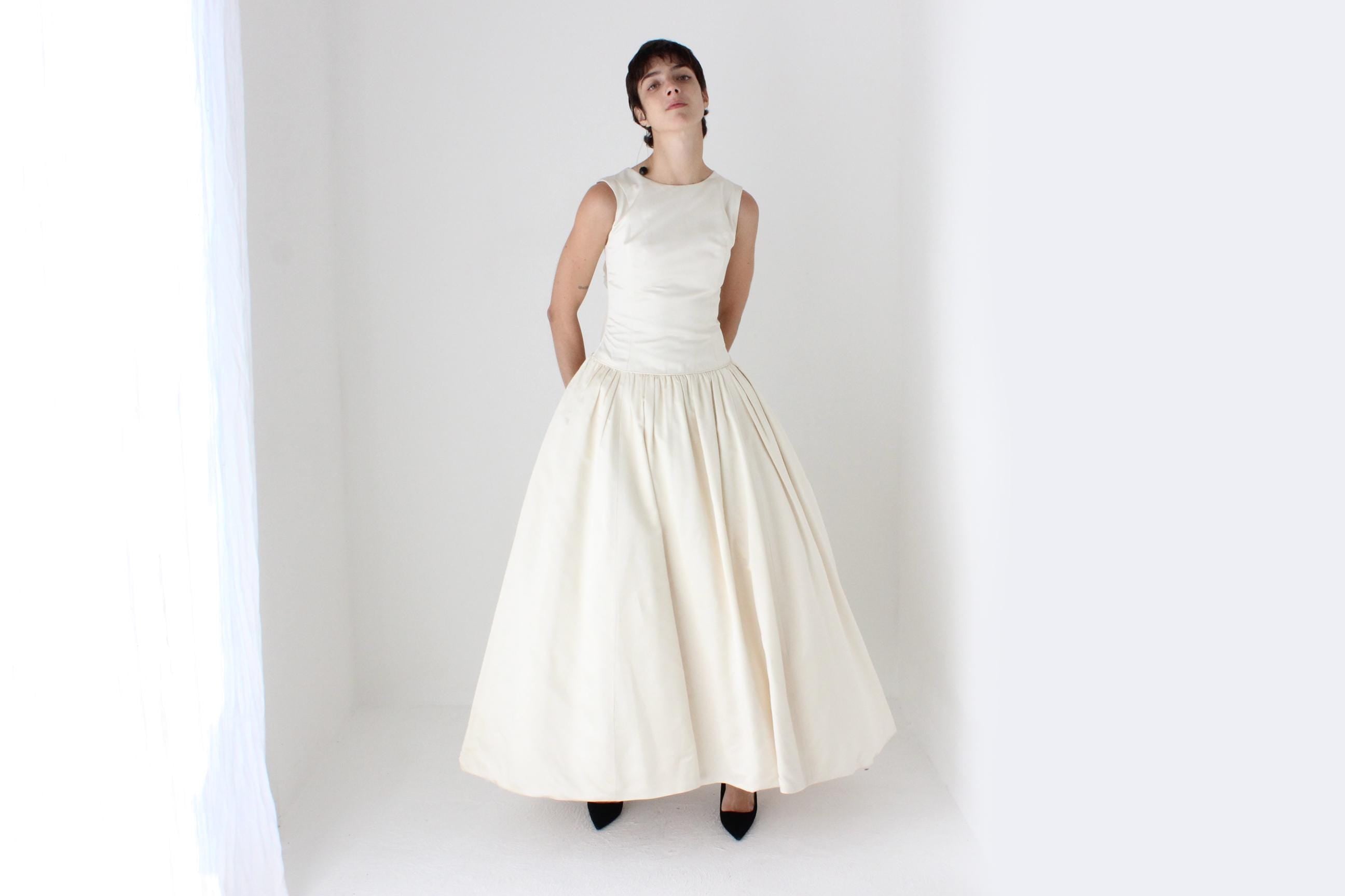 90s Archival Amsale Satin High Neck, Drop Waist Wedding Gown w/ Rosettes
