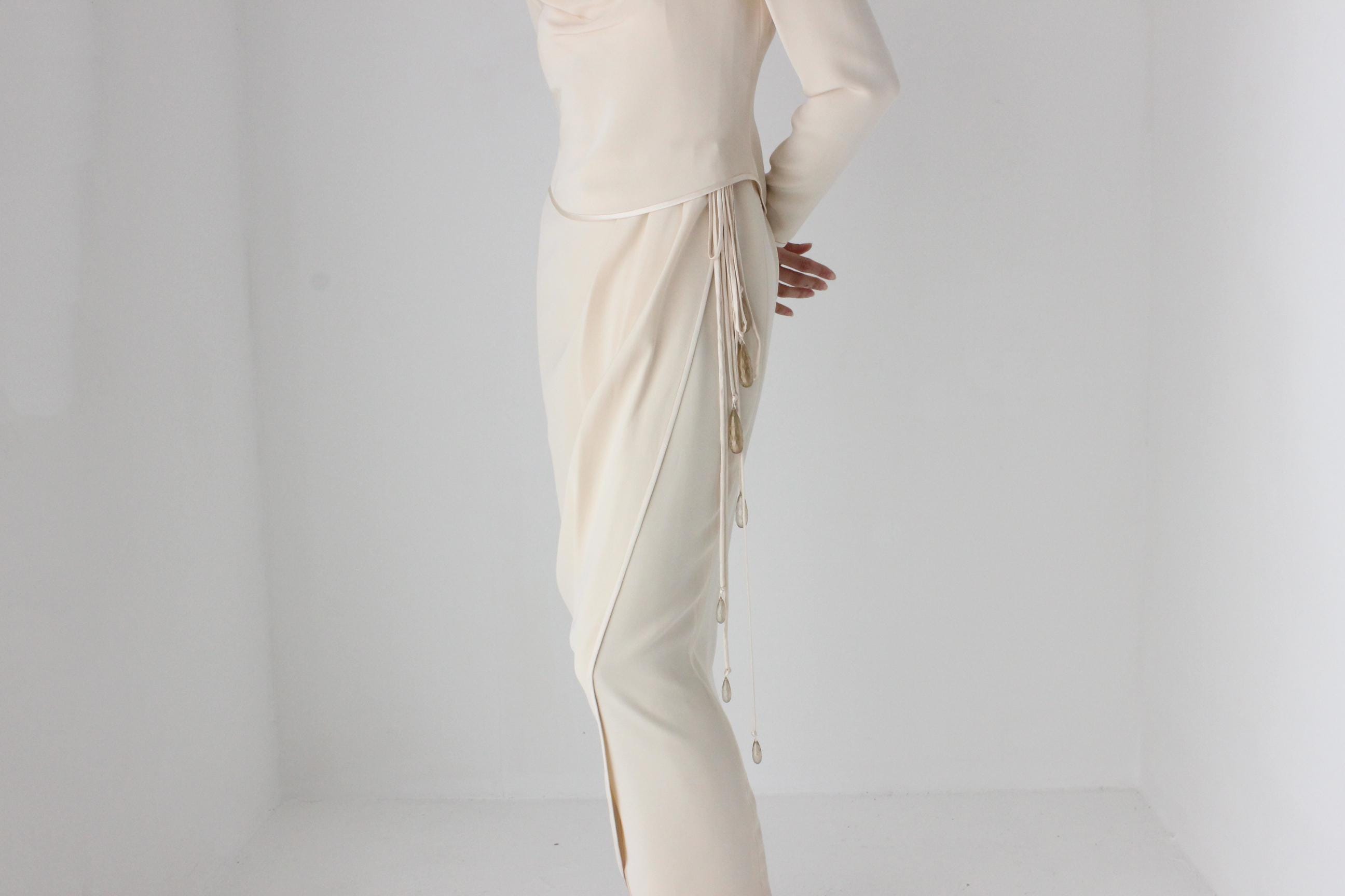 80s Sharp Shoulder Draped Hourglass Dress w/ Trailing Gemstones by Tom & Linda Platt