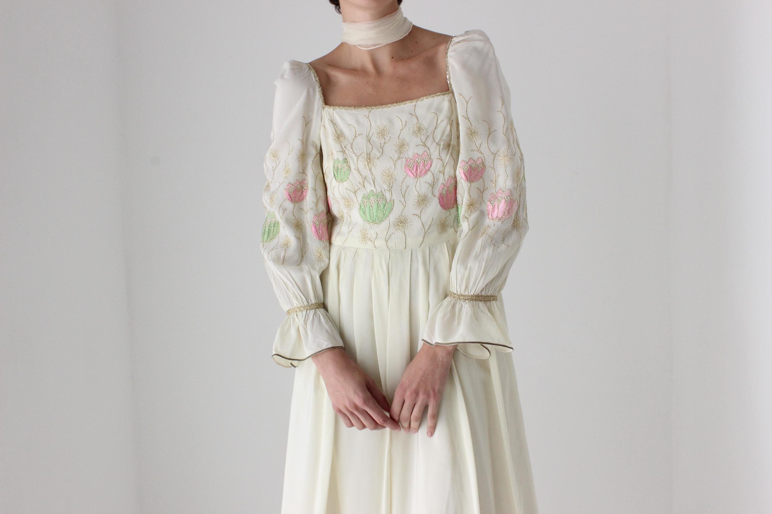 Historic 1970s Pierre Cardin Creations Lotus Embroidered Renaissance Dress