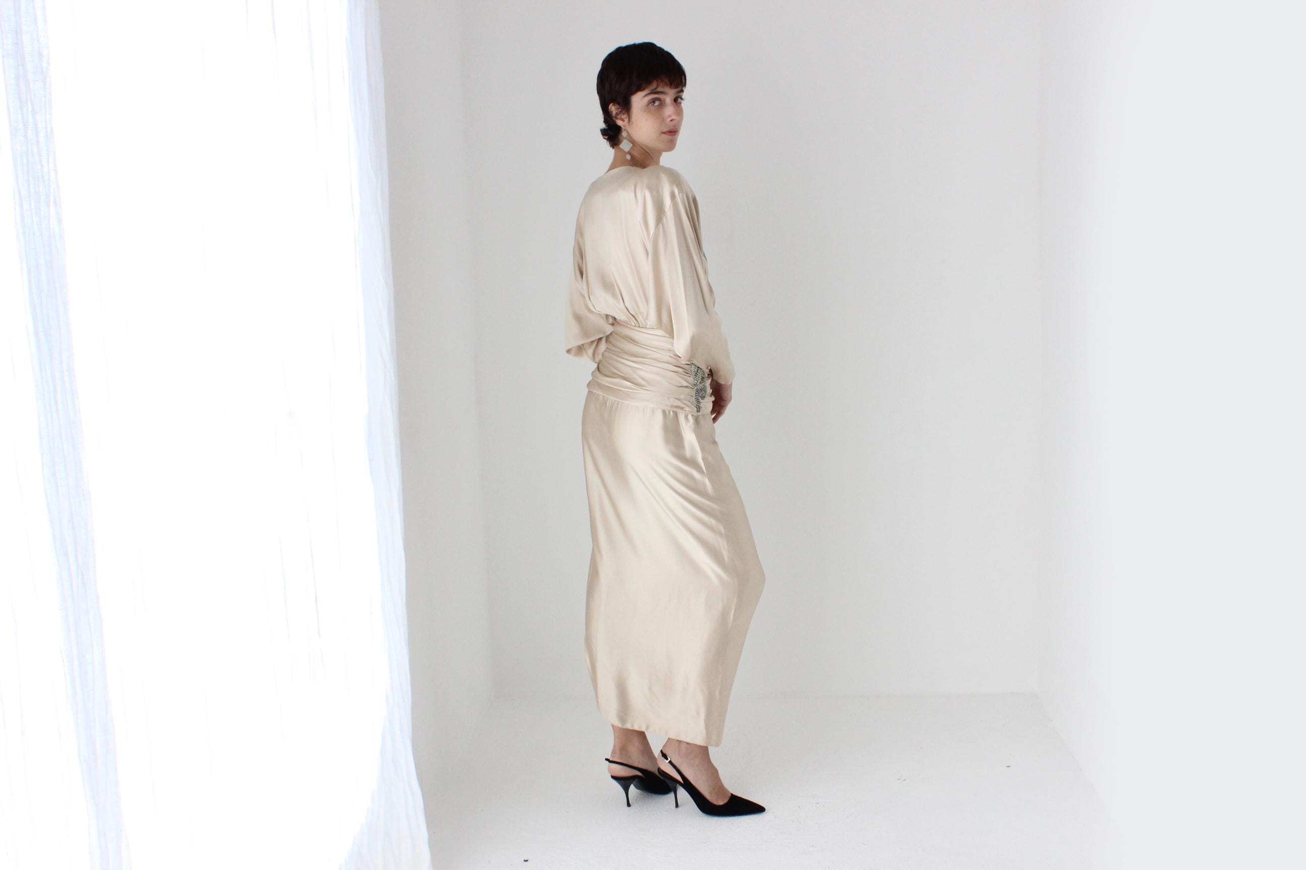 80s Liancarlo x Lillie Rubin Beaded Pure Silk Draped Cocktail Dress