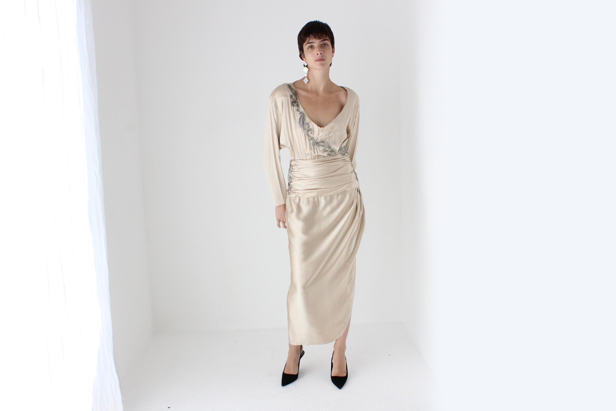 80s Liancarlo x Lillie Rubin Beaded Pure Silk Draped Cocktail Dress